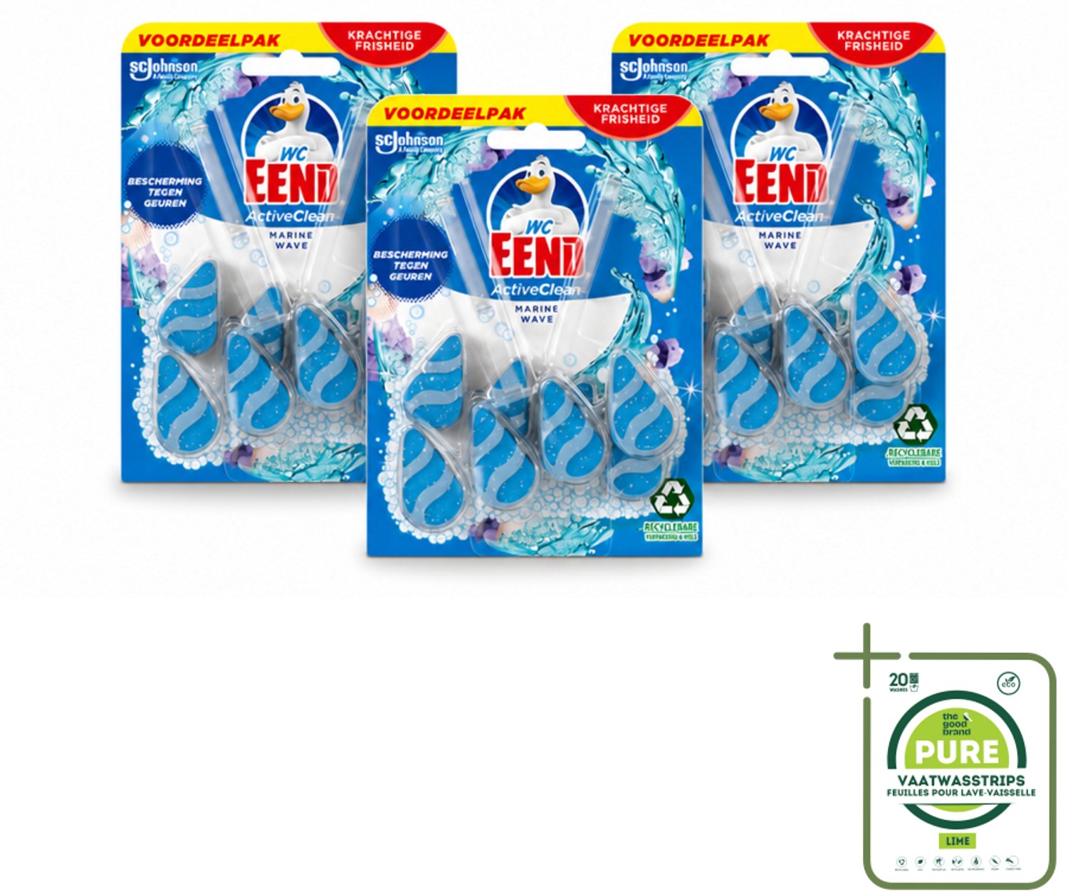 3 x WC Eend - Active Clean Marine - Toiletblok Duopack - Meer Schuim & Frisheid - 2 Toiletblokken - Grootverpakking - Vaatwasstrips - Toiletblok - Reiniging Toilet - Schuim Toilet - Fris Toilet - Kalkaanslag Bestrijden