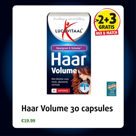 Verpakking van Lucovitaal Haar Volume 30 capsules met een aanbieding '2+3 Gratis Mix & Match'.