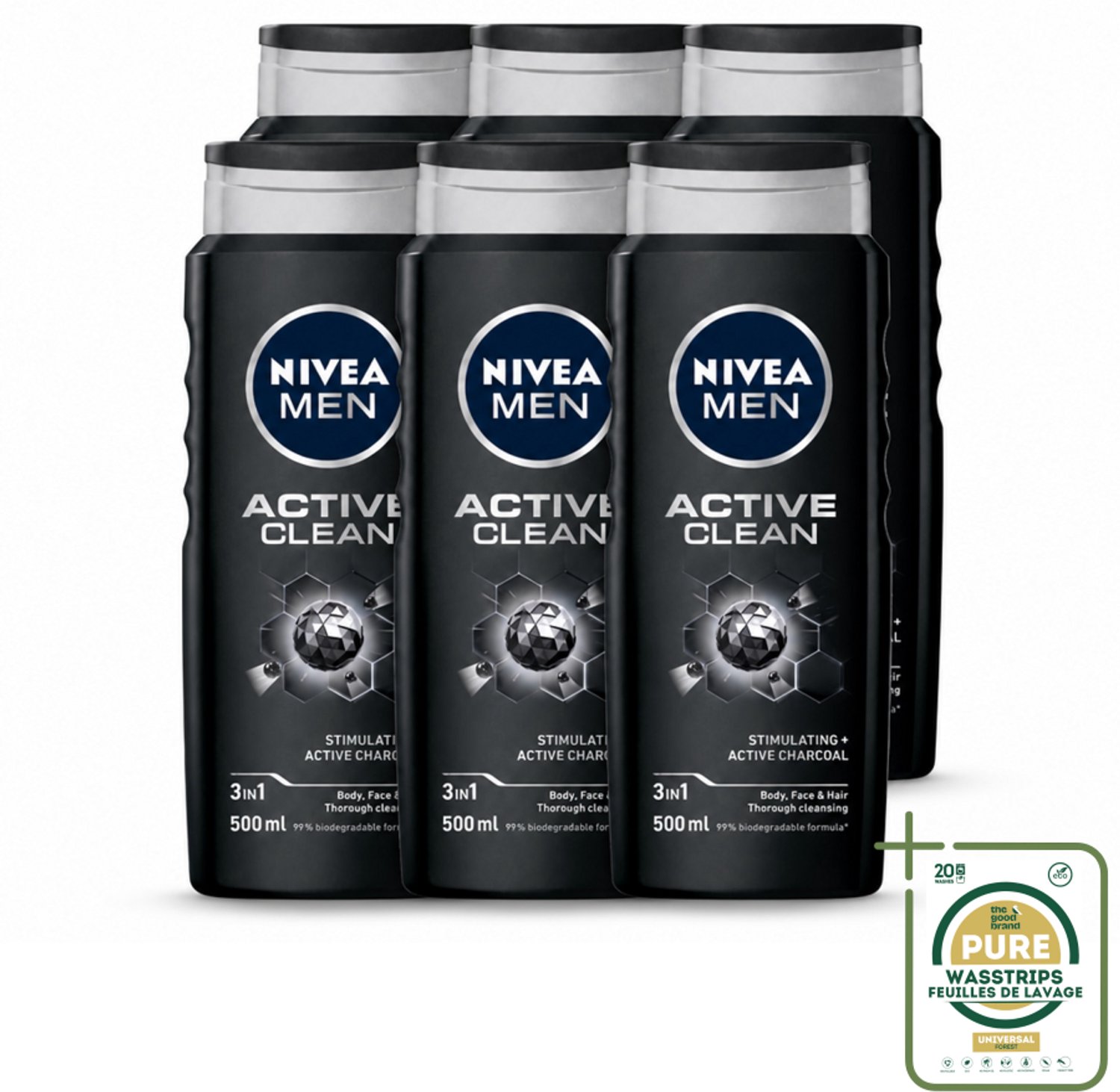 6 x NIVEA MEN - Douchegel - Active Clean - 500 ml - Wasstrips - Douchegel Mannen - Actief Houtskool - Reiniging Lichaam - Reiniging Gezicht - Reiniging Haar