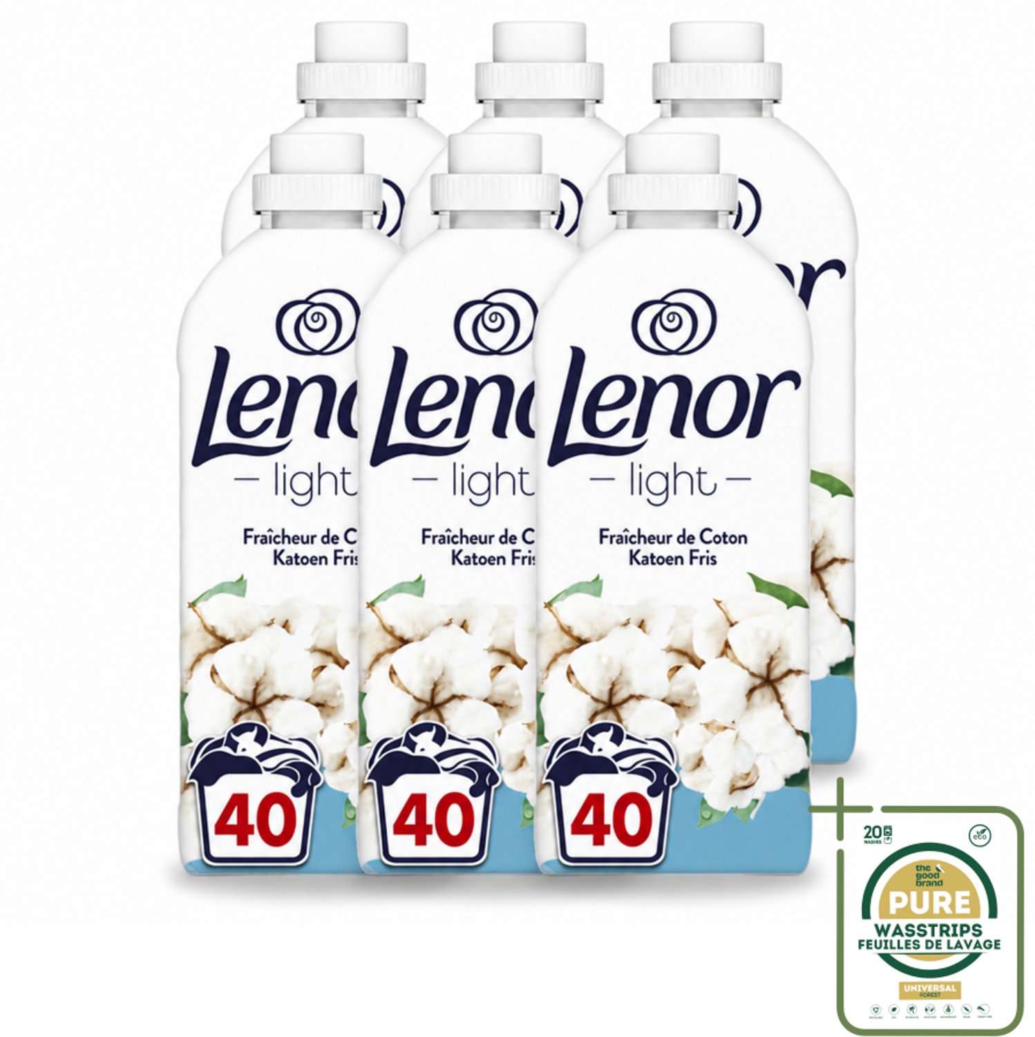 6 x Lenor Light - Wasverzachter - Katoen Fris - Fris & Zacht - 40 Wasbeurten - Wasstrips - Wasverzachter Katoen Fris - Wasverzachter Lenor - Wasverzachter Katoen - Wasverzachter Fris - Wasverzachter Milde