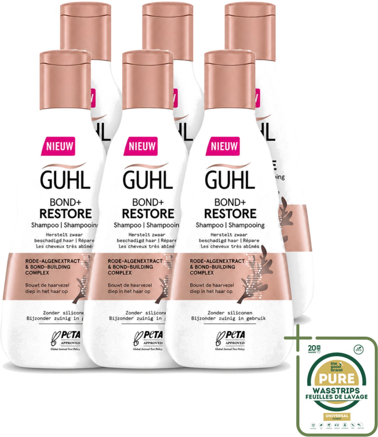 6 x Guhl - Shampoo - Bond+ Restore - 250 ml - Wasstrips - Herstel Haar - Beschadigd Haar - Zwaar Beschadigd Haar - Haar Herstellen - Haar Versterken