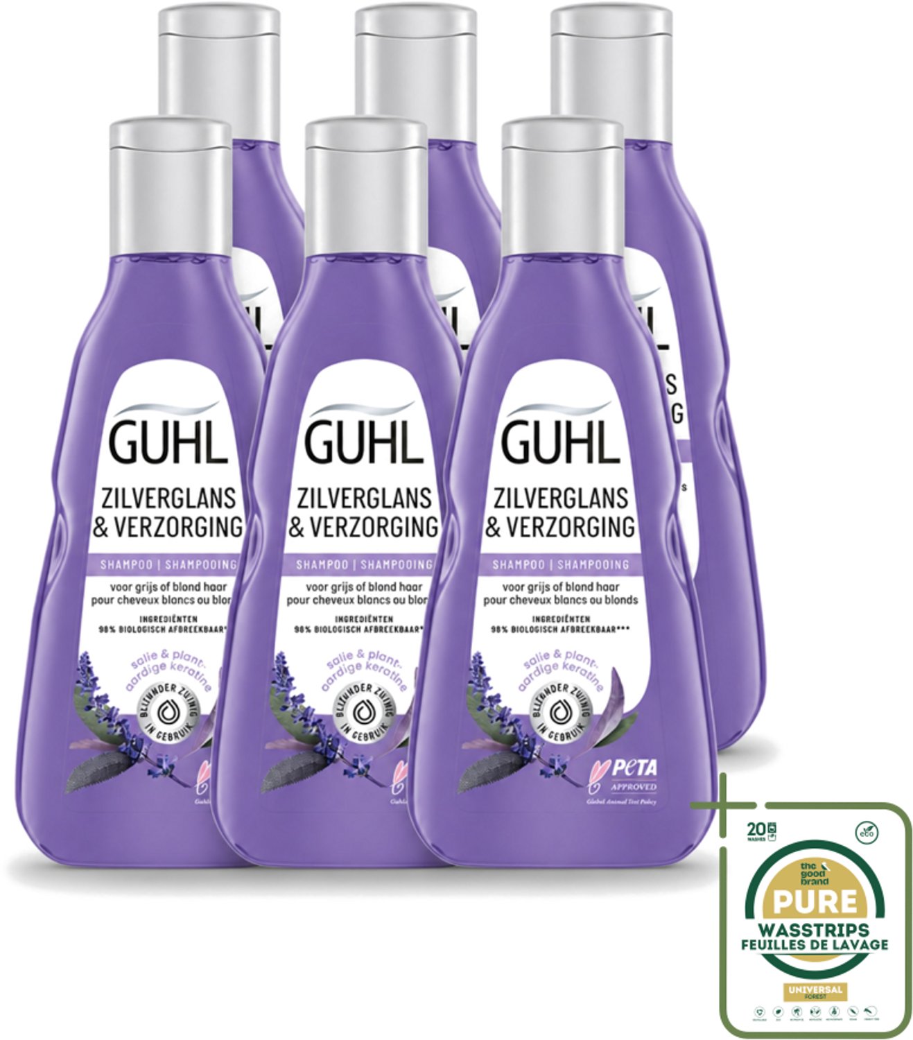 6 x Guhl - Shampoo - Zilverglans & Verzorging - 250 ml - Wasstrips - Zilverglans Shampoo - Anti-geel Shampoo - Grijs Haar Verzorging - Blond Haar Verzorging - Haarverzorging