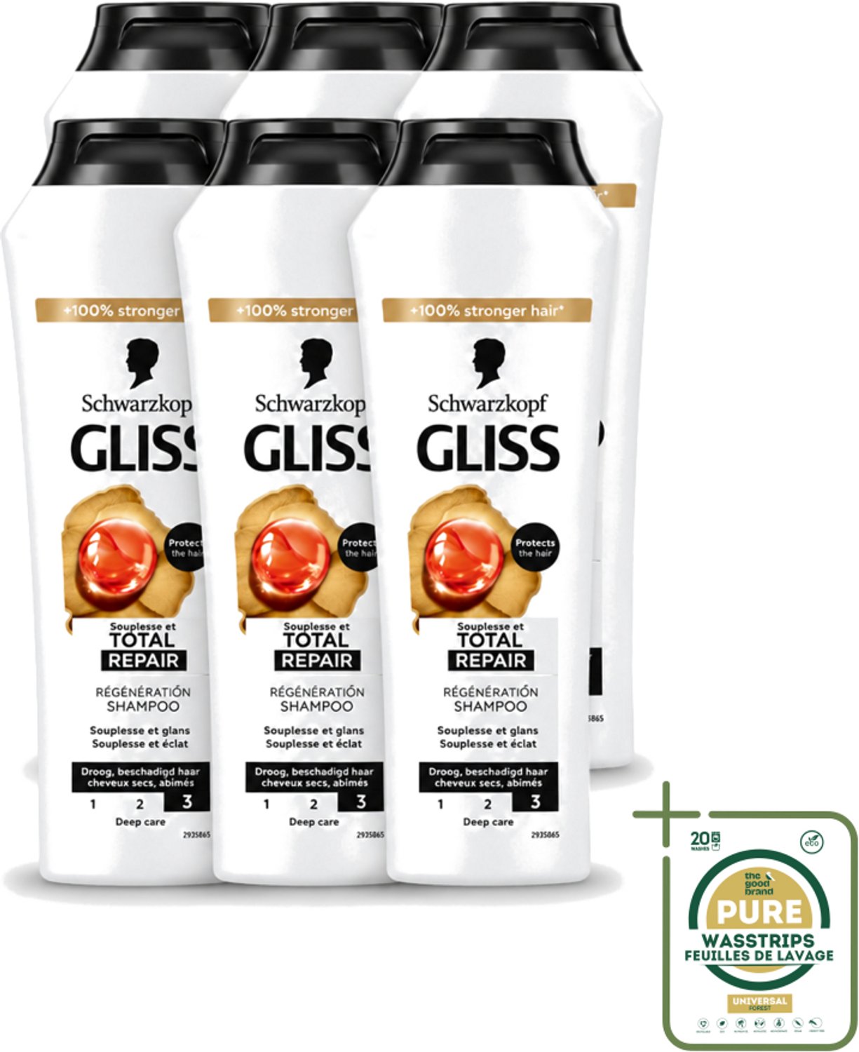 6 x Gliss - Shampoo - Total Repair - Voor Intensief Haarherstel - 250 ml - Wasstrips - Haarherstel Shampoo - Beschadigd Haar - Keratine Shampoo - Haarbreuk Verminderen - Glanzend Haar
