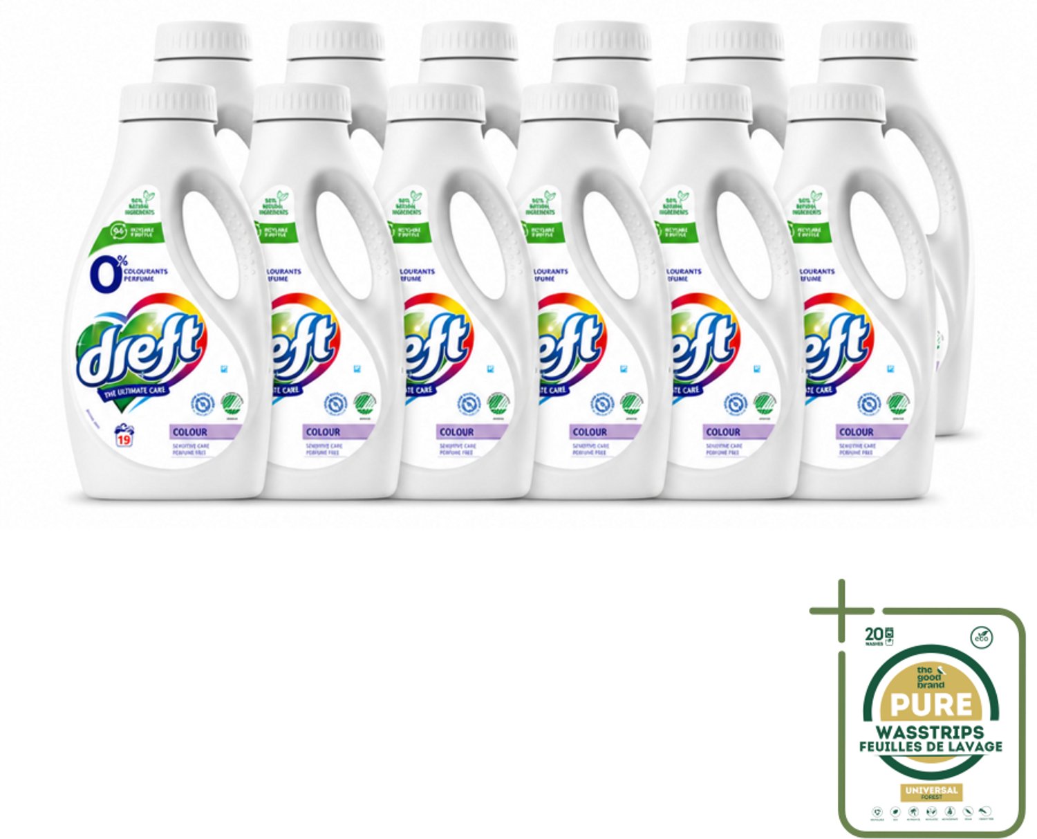 12 x Dreft - Vloeibaar Wasmiddel - 0% Gekleurde Was - Hypoallergeen - 19 Wasbeurten - Wasstrips - 0% Gekleurde Was - Hypoallergenisch Wasmiddel - Gevoelige Huid - Natuurlijk Wasmiddel - Parfumvrij Wasmiddel