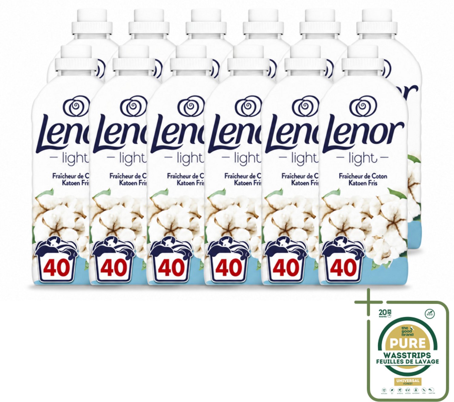 12 x Lenor Light - Wasverzachter - Katoen Fris - Fris & Zacht - 40 Wasbeurten - Wasstrips - Wasverzachter Katoen Fris - Wasverzachter Lenor - Wasverzachter Katoen - Wasverzachter Fris - Wasverzachter Milde