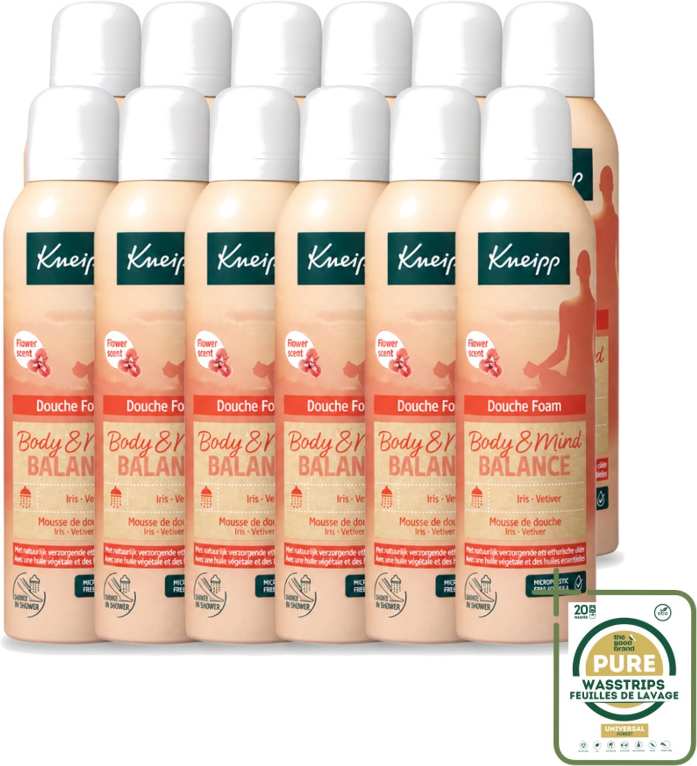 12 x Kneipp - Douche schuim - Body & Mind Balance - Iris & Vetiver - 200 ml - Wasstrips - Douche Schuim - Lichaam Verzorging - Ontspanning - Geest En Lichaam - Iris En Vetiver