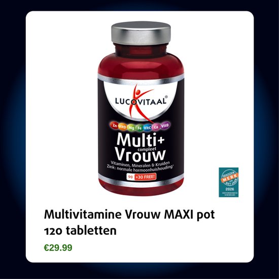 Pot Lucovitaal Multi+ Vrouw met 120 tabletten en tekst 'Vrouwen, Vitaminen, Mineralen & Kruiden'.
