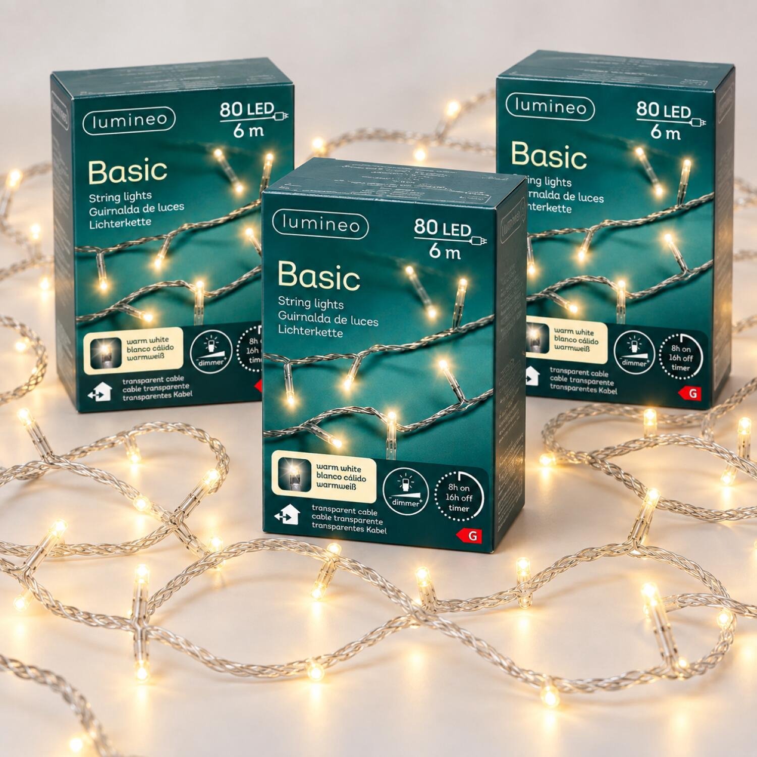 Lumineo Kerstverlichting - 3x - 80 leds -warm wit -600 cm - transparent cable - timer en dimmer