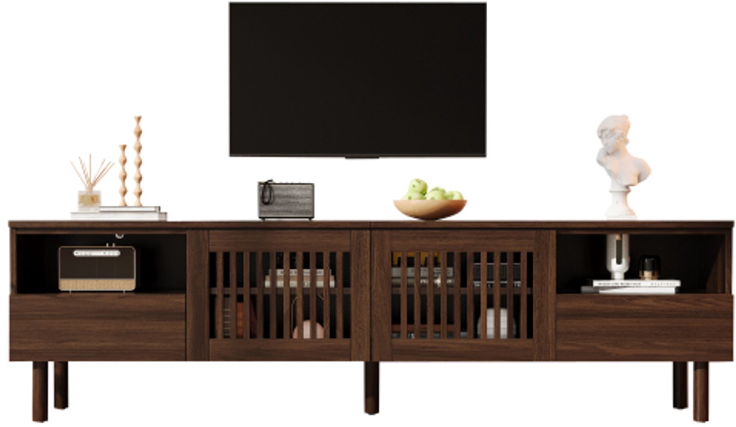 Welltin TV-meubel 180 cm - TV-meubel voor 55 tot 75 inch televisie - 2 rasterdeuren - 2 lades - 180 x 40 x 51 cm - walnootkleur - woonkamer