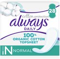 Always Daily Cotton Protection inlegkruisje, normal. Verpakking met katoenbloemen, paarse en groene lijnen en het Always logo.