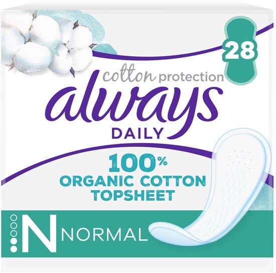 Always Daily Cotton Protection inlegkruisje, normal. Verpakking met katoenbloemen, paarse en groene lijnen en het Always logo.