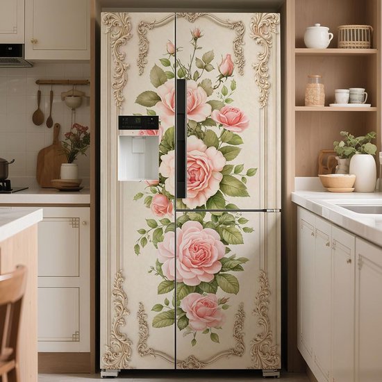2 stuks vintage roze roos verwijderbare koelkast wraps, zelfklevende bloemen sierlijke koelkast deur muurschildering vinyl vriezers paneel cover sticker voor keuken bar decor, 41,5 x 200 cm — afbeelding 2