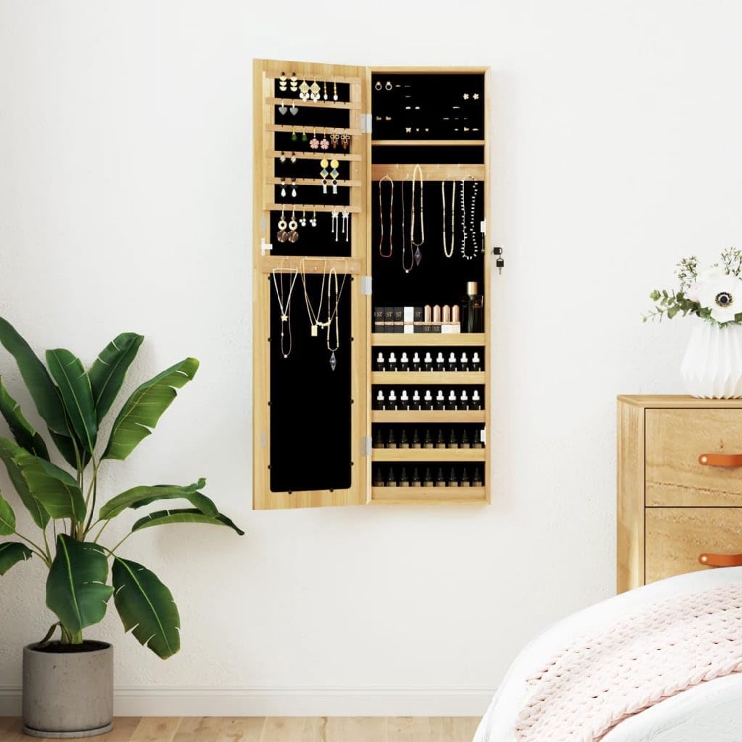 Sieradenkast met spiegel voor wandmontage, 30 x 8,5 x 106 cm, met afsluitbare deur en zachte binnenvoering voor veilig opbergen, sieradenorganizer met haken, planken
