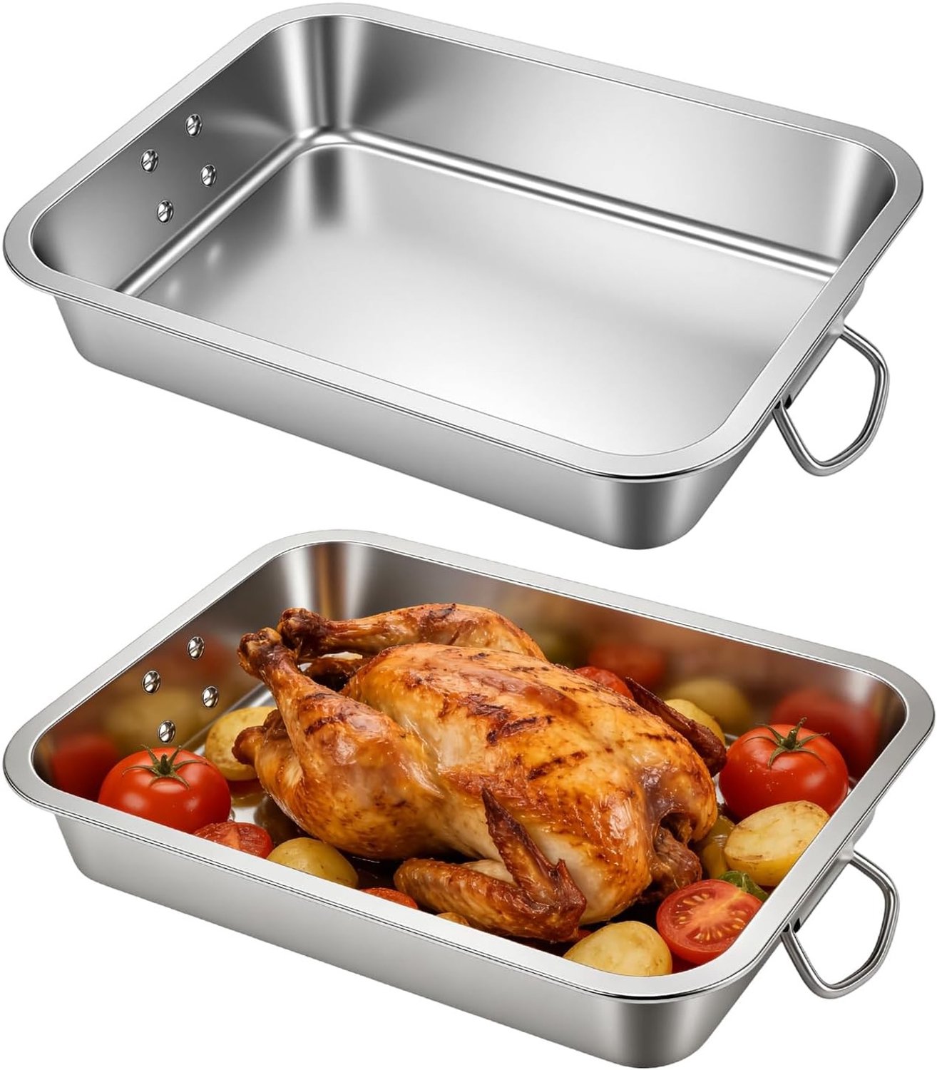 Grote RVS Bakplaat met Handvat, 40cm Extra Grote Ovenschaal voor Vlees en Groenten, Ideaal voor Grillen en Bakken