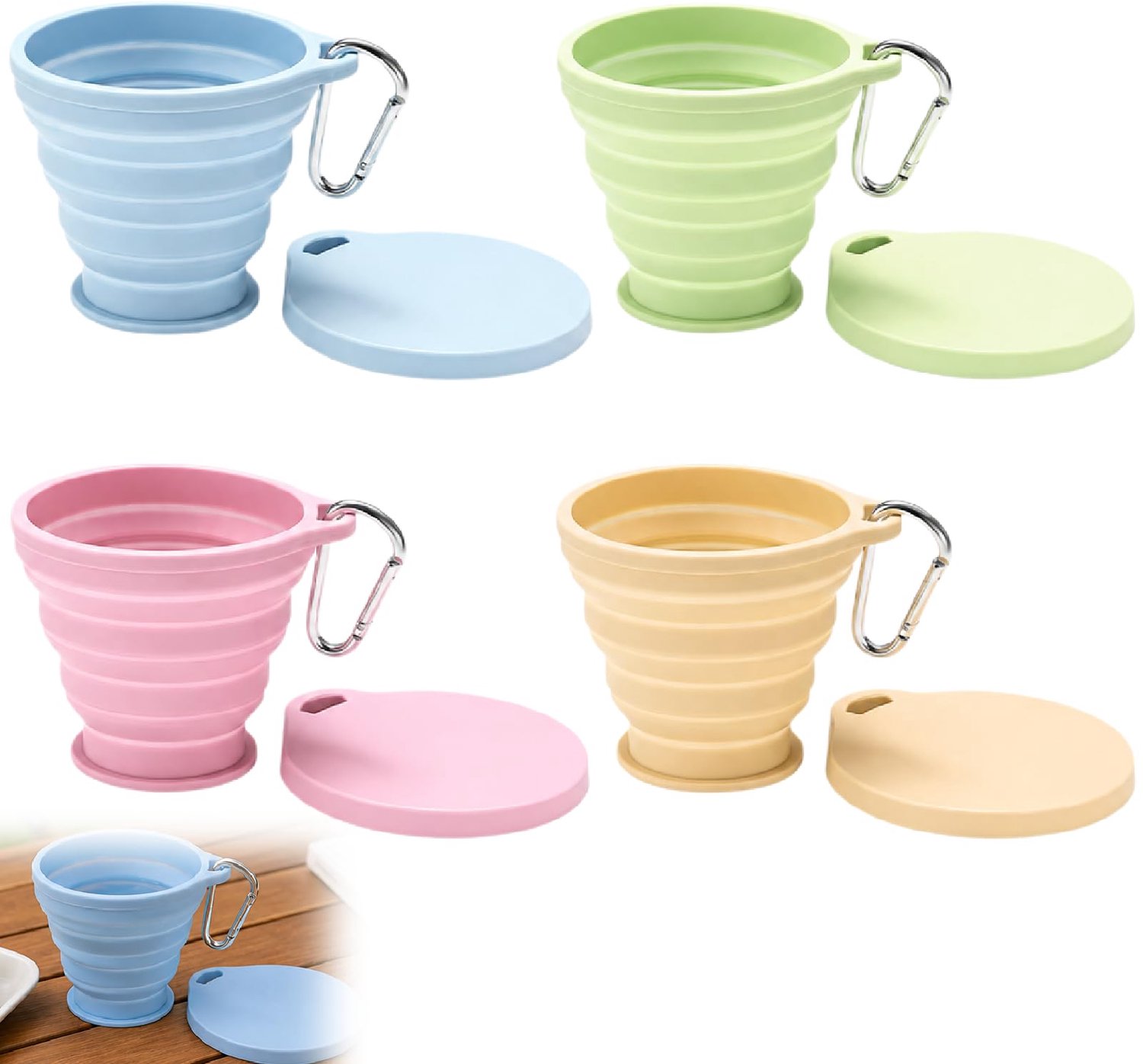 Opvouwbare drinkbeker, 4 stuks, blauw, groen, roze, geel, deksel