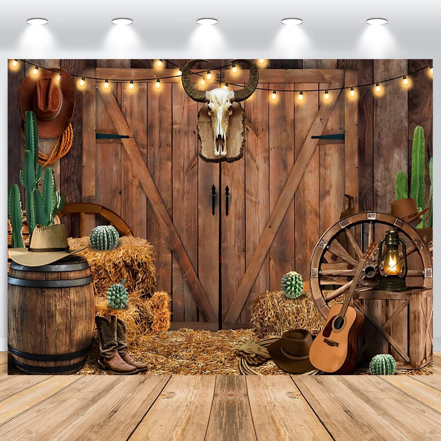 Western Cowboy Photo Background 2.2x1.5m, Retro West Rustic Wooden Doors Sheep Head Photo Wall Background Baby Shower - ShopVlot