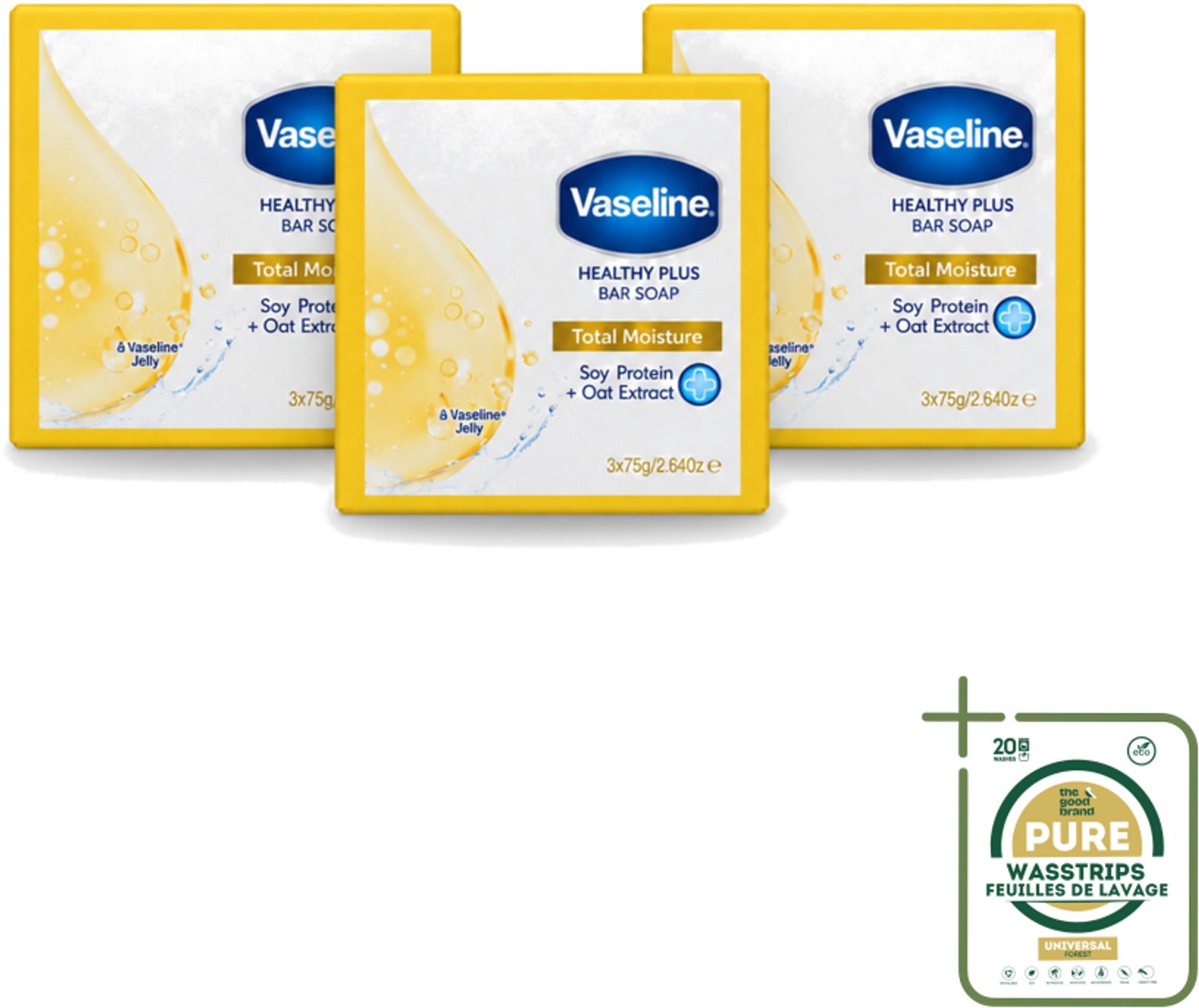 3 x Vaseline - Total Moisture - Zeeptablet - Healthy Plus - 3x75 g - Wasstrips - Zeep - Huidverzorging - Hydratatie - Dagelijks Gebruik - Gezond Huid