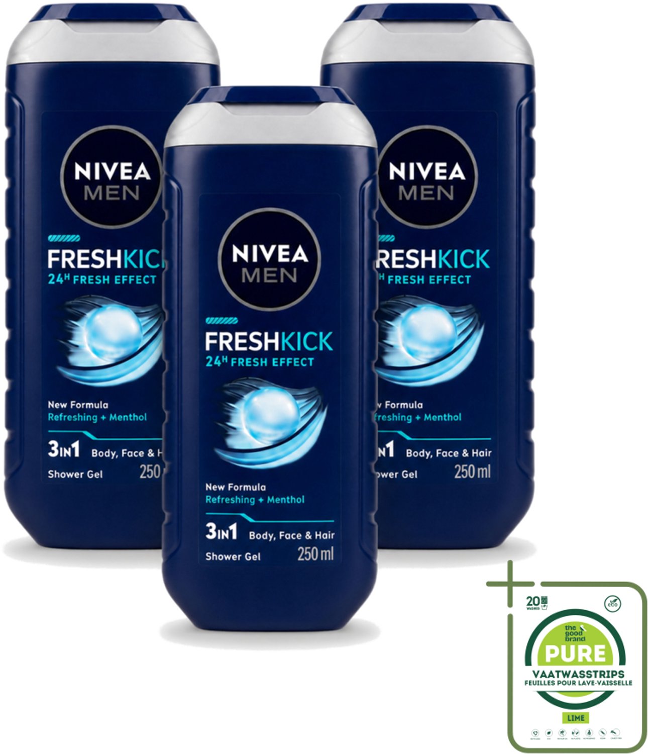 3 x Nivea Men – Douchegel – Fresh Kick – 250 ml - Grootverpakking - Vaatwasstrips - Douchegel - Verfrissend - Munt - Lichaam - Gezicht