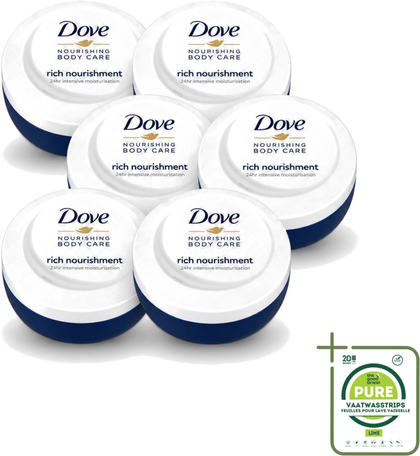 6 x Dove – Bodycrème – Voedende Crème – 150 ml - Grootverpakking - Vaatwasstrips - Voedende Crème - Huid Verzorging - Hydraterende Crème - Huid Bescherming - Huid Zacht Maken