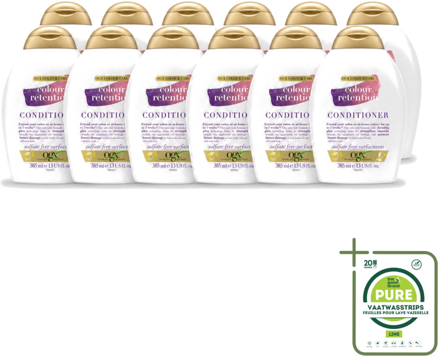 12 x OGX - Colour Retention - Conditioner - Voor Gekleurd Haar - 385 ml - Grootverpakking - Vaatwasstrips - Kleurbehoud - Haarkleur - Haarkleur Behoud - Haarkleur Beschermen - Haarkleur Verzegelen