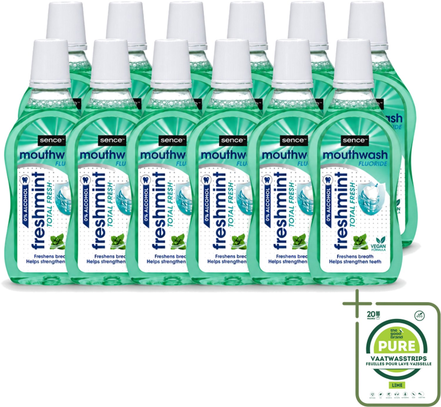 12 x Sence - Fresh Freshmint - Mondwater - Fris & Muntig - 500 ml - Grootverpakking - Vaatwasstrips - Mondwater - Mondverzorging - Frisse Adem - Tandplak - Mondgezondheid