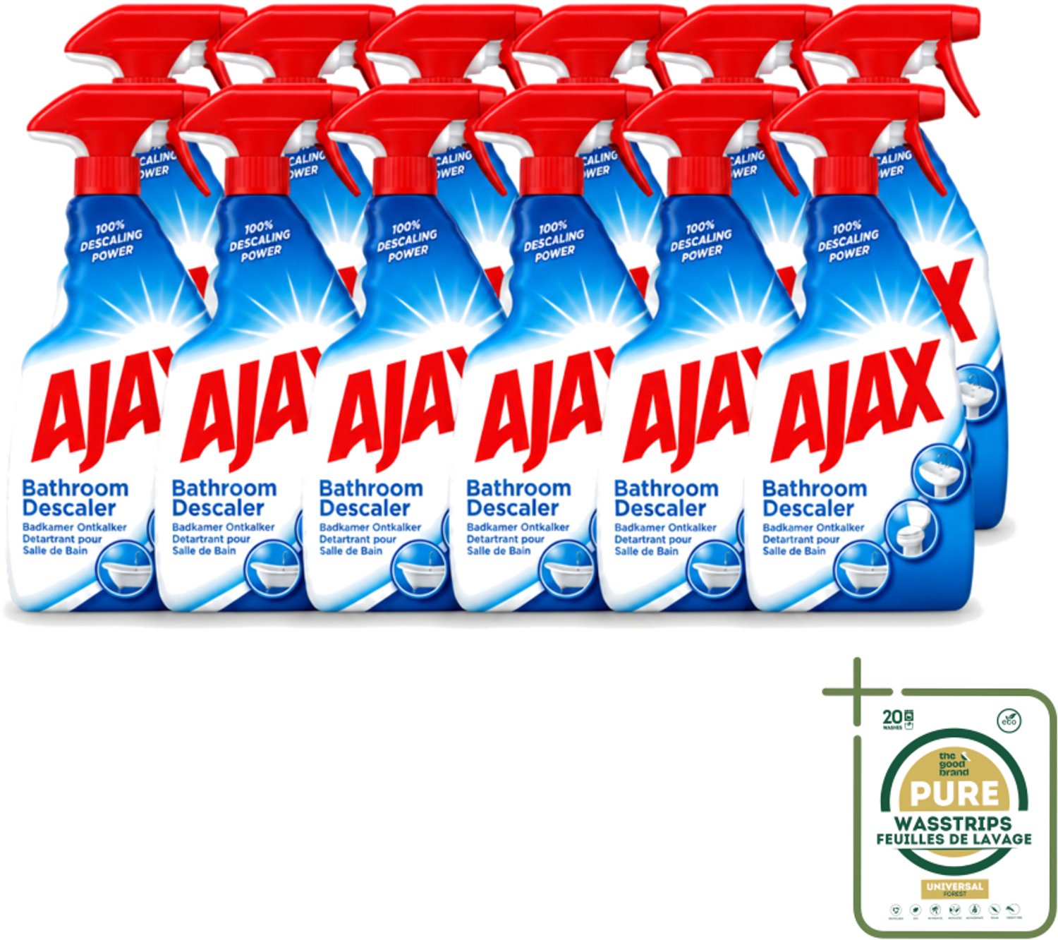 12 x Ajax - Badkamer Ontkalker Spray - Verwijdert Hardnekkig Kalk - 750 ml - Wasstrips - Badkamer Ontkalker - Ontkalker Spray - Hardnekkig Vet Verwijderen - Kalkaanslag Verwijderen - Badkamer Reinigen