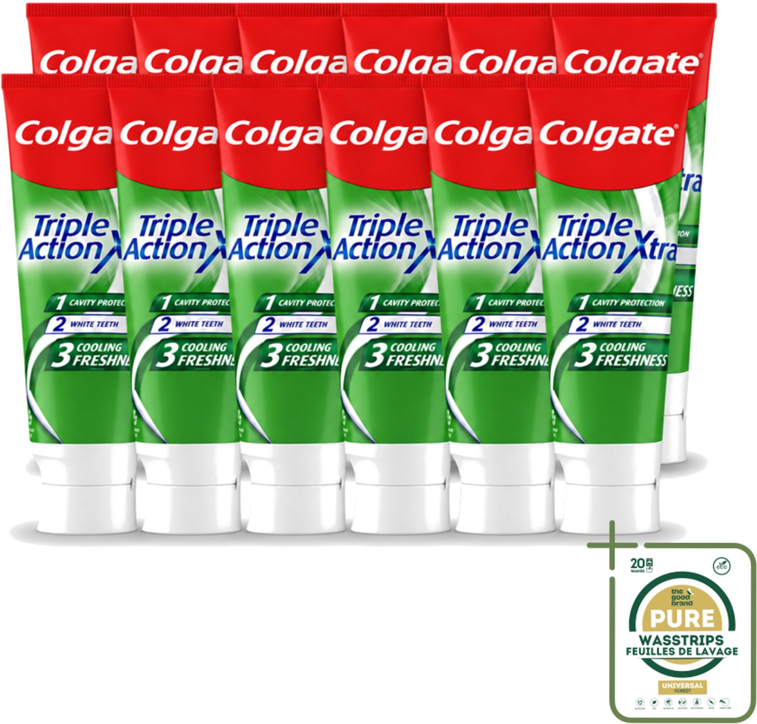 12 x Colgate - Triple Action - Xtra Fresh - Tandpasta - 75ml - Wasstrips - Tandpasta - Gaatjes - Tanden - Frisse Adem - Witte Tanden