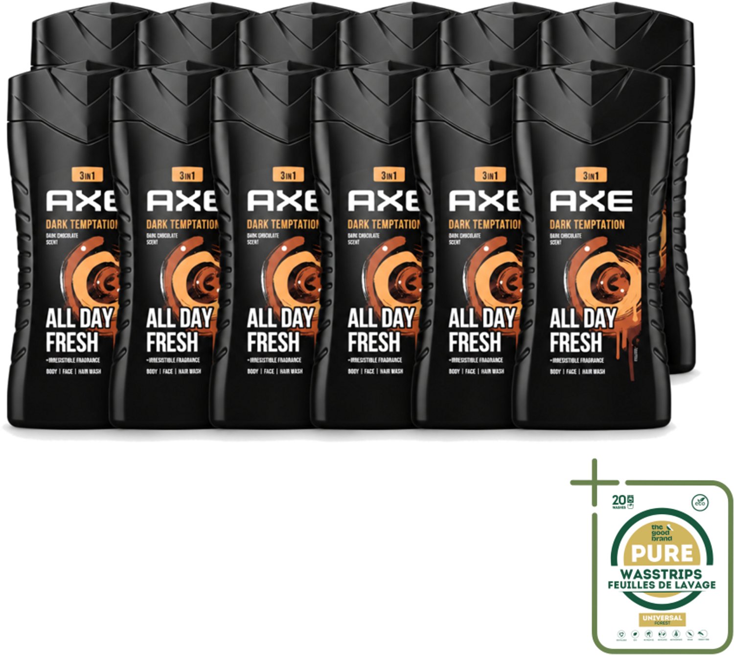 12 x Axe - 3-in-1 Douchegel - Dark Temptation - Dark Chocolate - 250 ml - Wasstrips - Douchegel - 3-in-1 - Lichaam - Gezicht - Haar