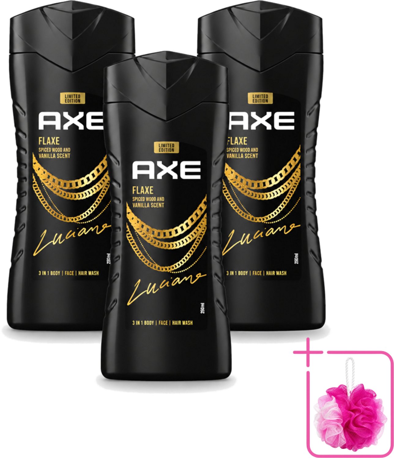 3 x Axe – Douchegel – Flaxe – 250 ml - Bulkverpakking - Douchegel voor mannen - Douchemop - Frisse geur