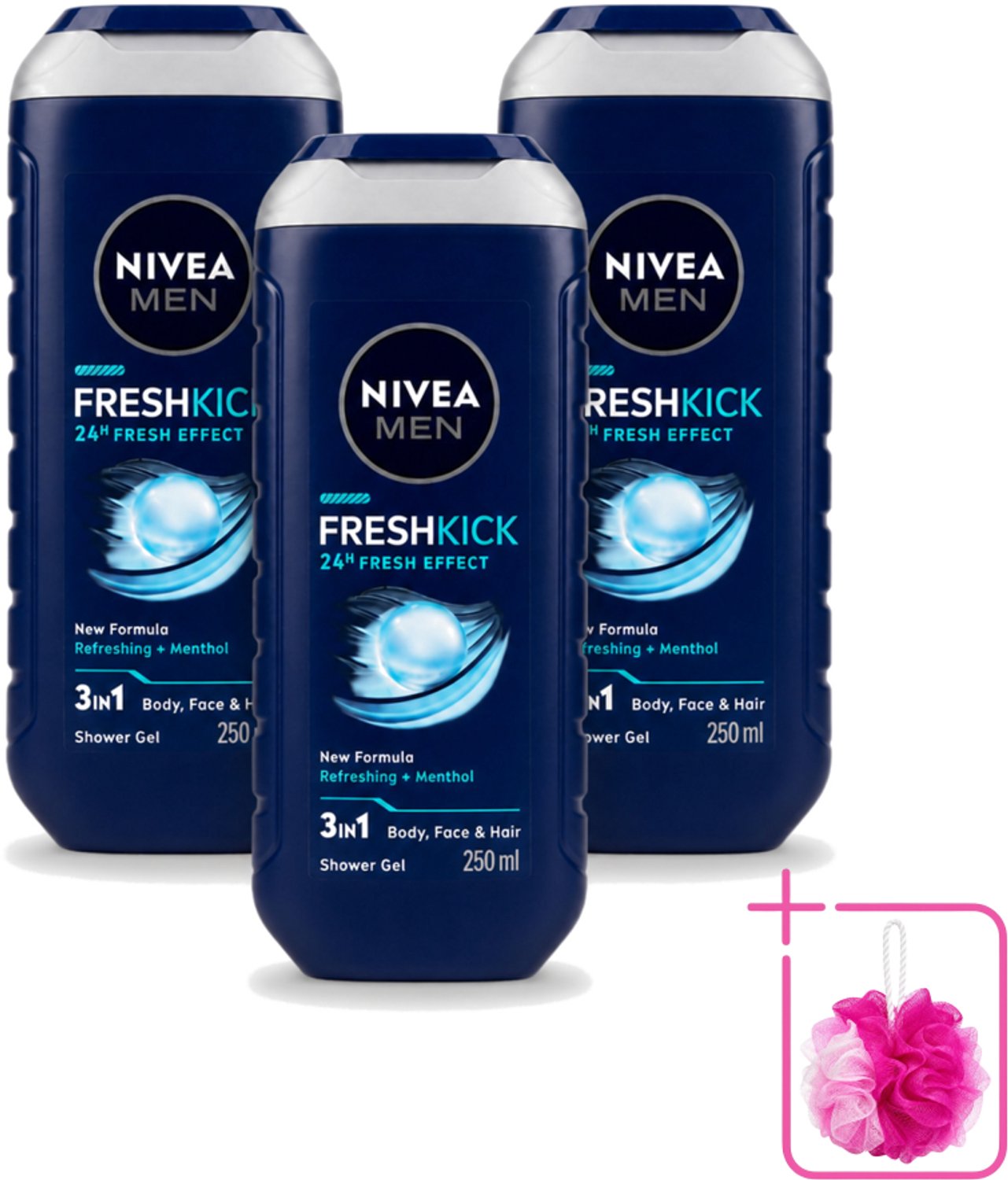 3 x Nivea Men – Douchegel – Fresh Kick – 250 ml - Bulkverpakking - Douchegel - Douchemop - Verfrissend