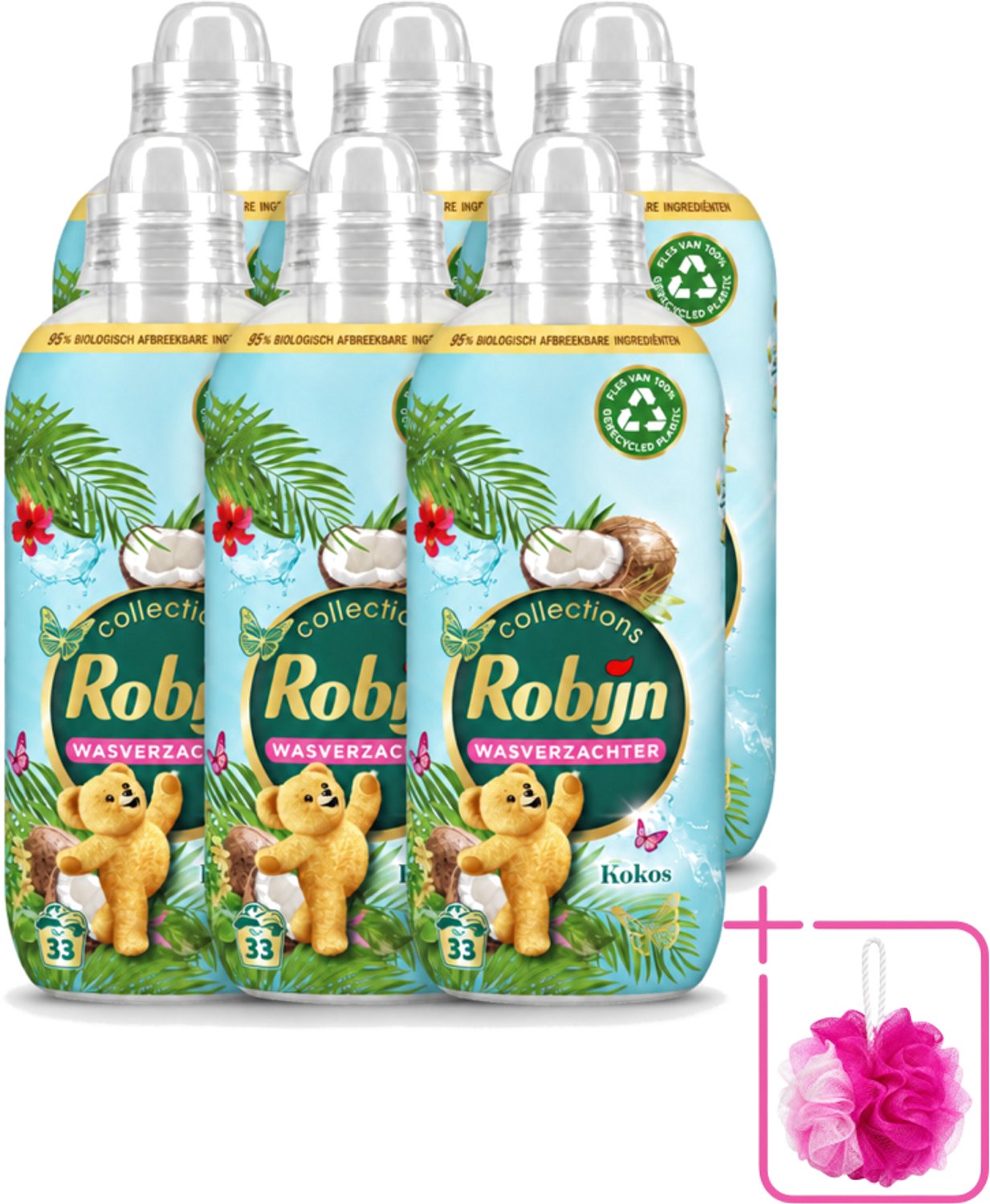 6 x Robijn - Kokos Sensation - Wasverzachter - Tropische Geur - 33 Wasbeurten - 825 ml - Bulkverpakking - Wasverzachter - Douchemop - Kokosgeur
