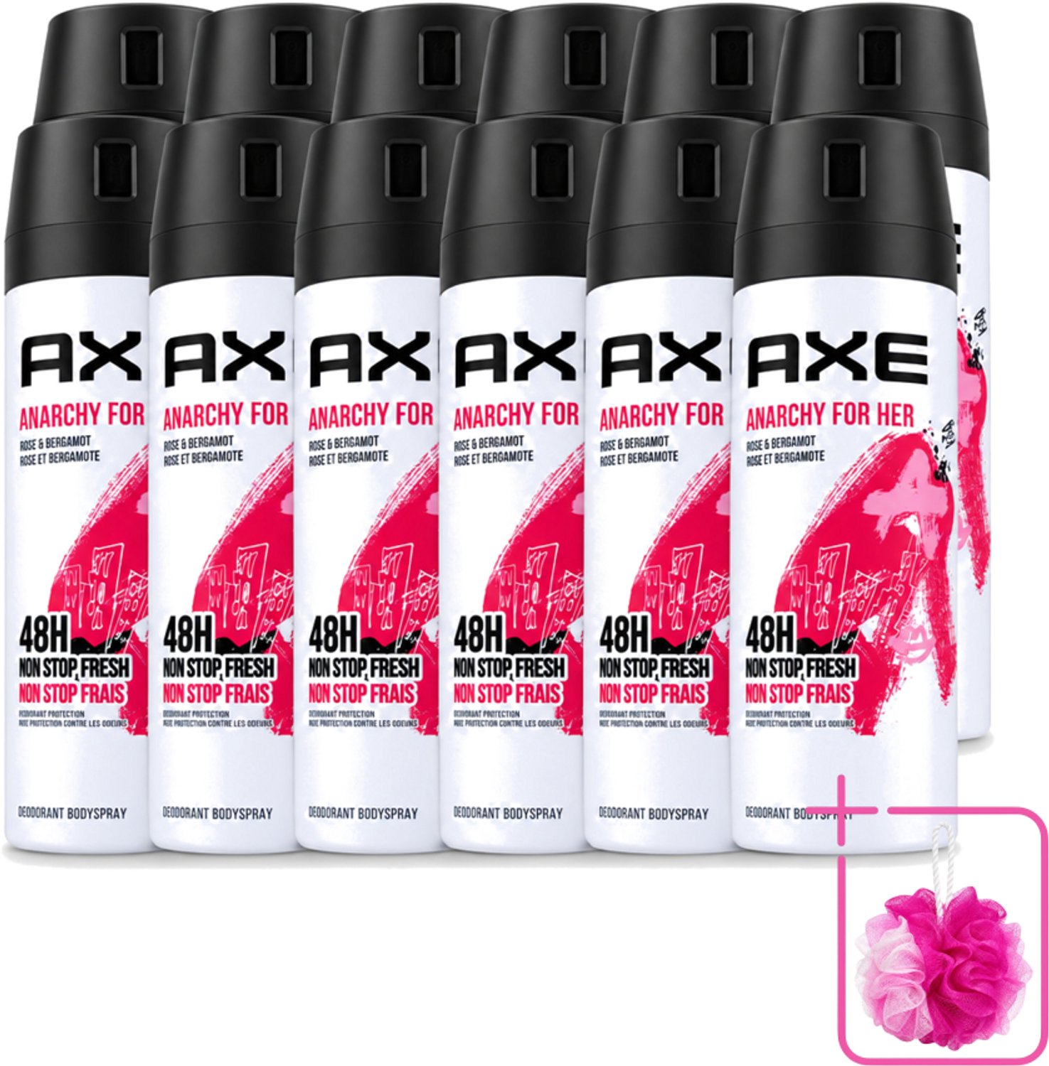 12 x Axe - Deodorant Bodyspray - 48hrs Non Stop Fresh - Anarchy For Her - Rose & Bergamot - 150 ml - Bulkverpakking - Deodorant - Douchemop - Geur