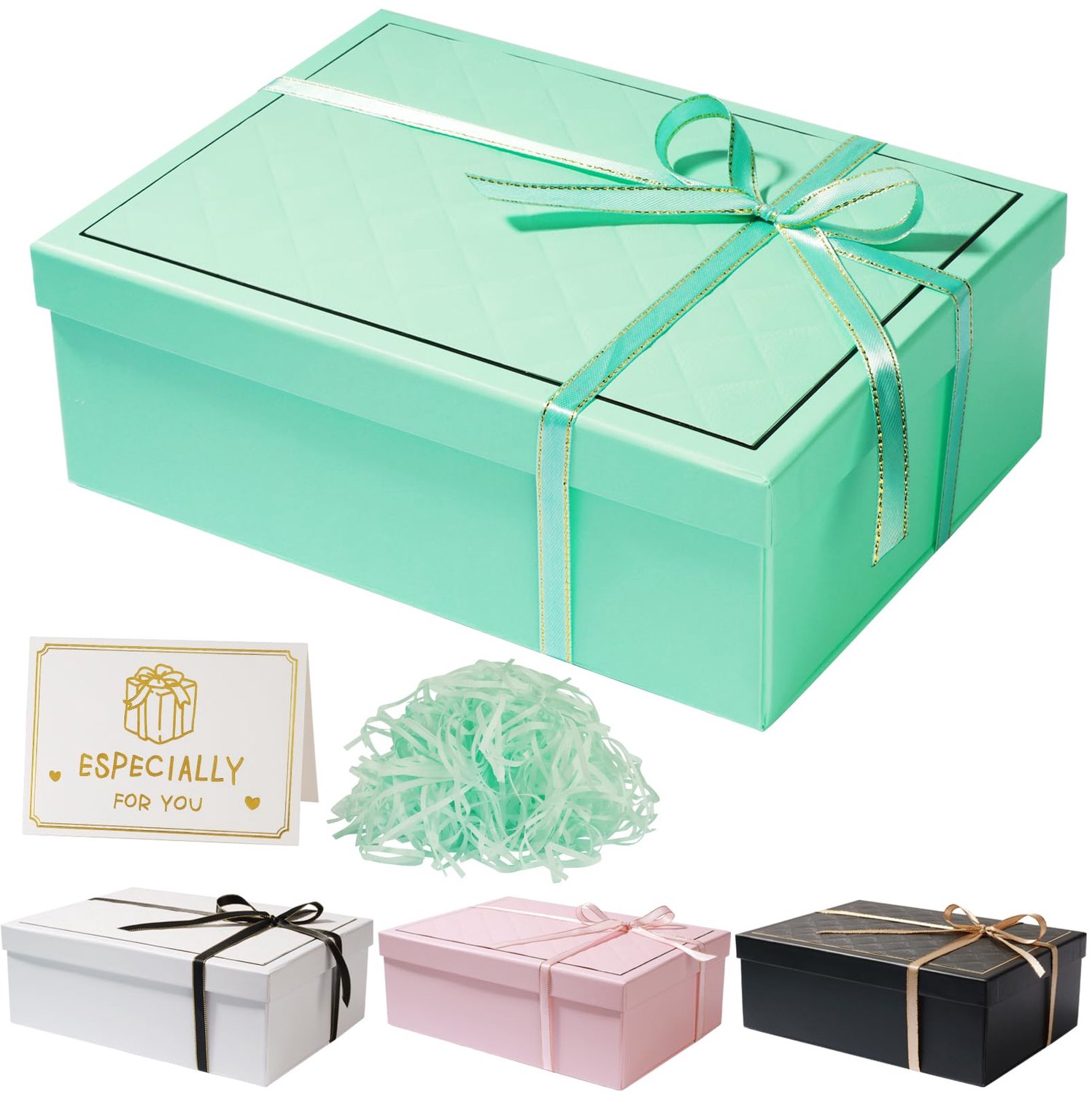 Geschenkdoos met deksel, 25 x 18 x 9 cm, geschenkdoos met strikken, wenskaarten, Raffia hamper Shreds voor bruiloft - ShopVlot