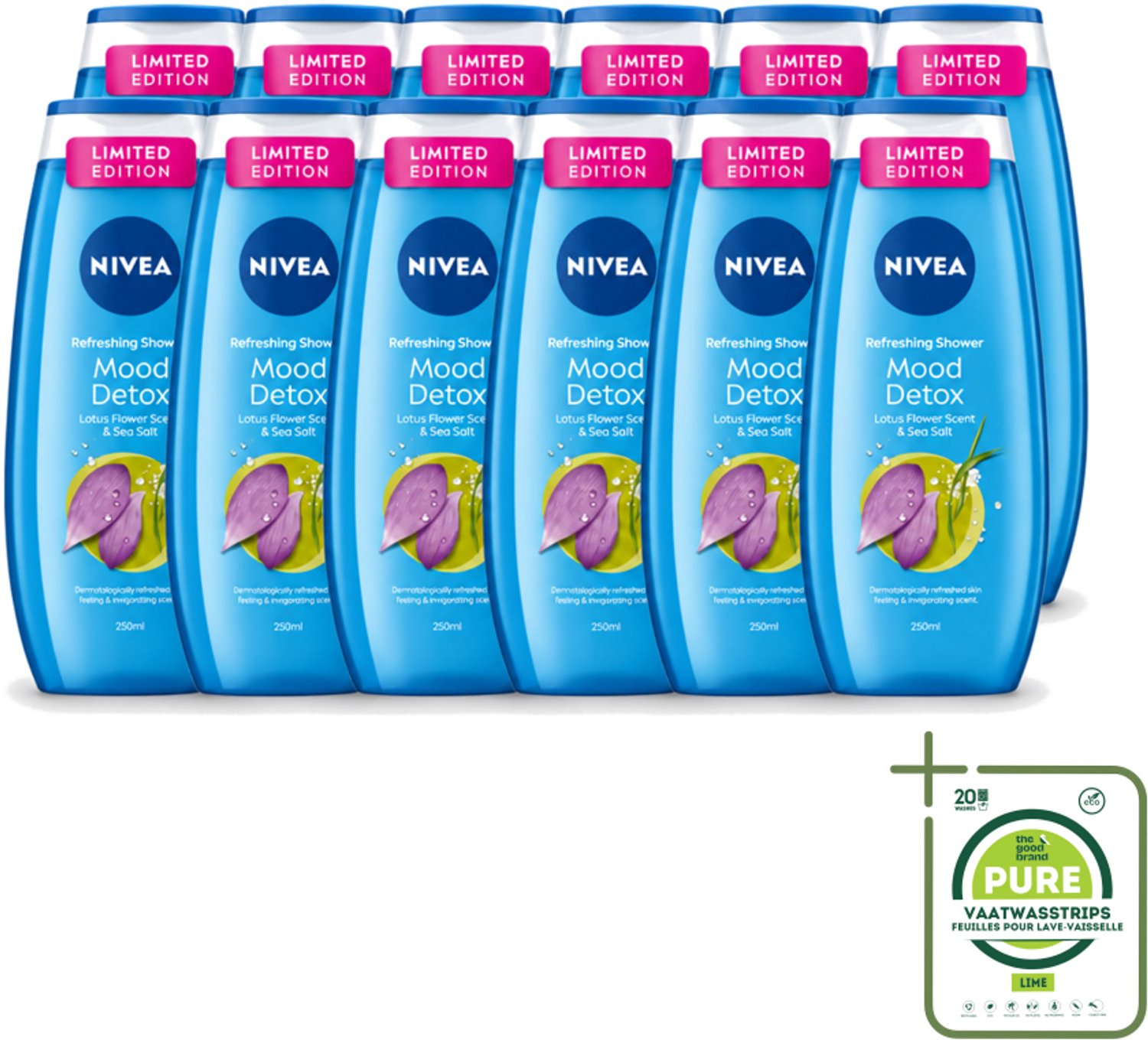 12 x Nivea – Douchegel – Creme Mood Detox – 250 ml - Grootverpakking - Vaatwasstrips - Douchegel - Zeezout - Ontspanning - Huidverzorging - Mood Detox