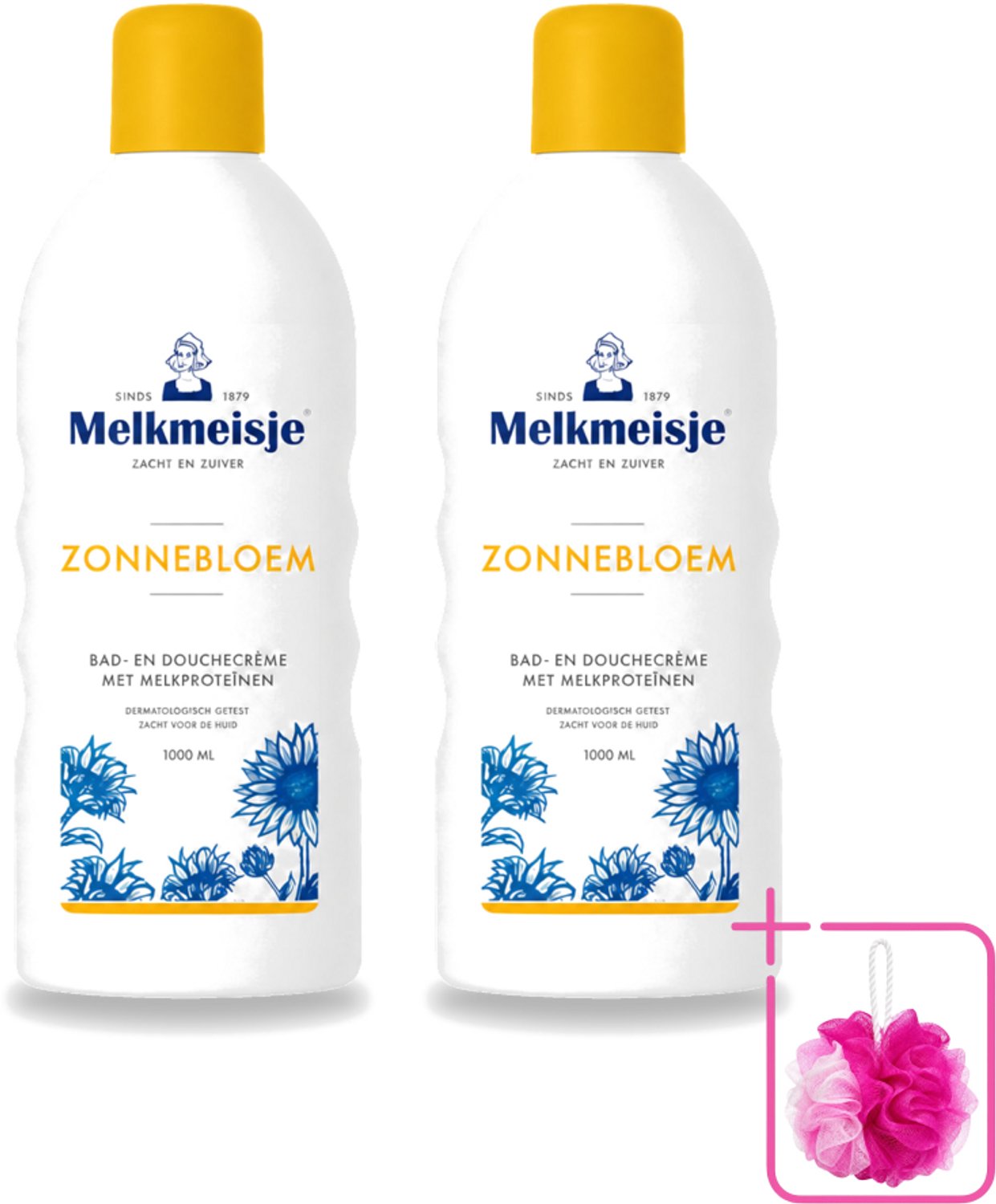2 x Melkmeisje - Bad & Douche Zonnebloem - Romig Parfum - 1000 ml - Bulkverpakking - Douchecrème - Douchemop - Melkmeisje