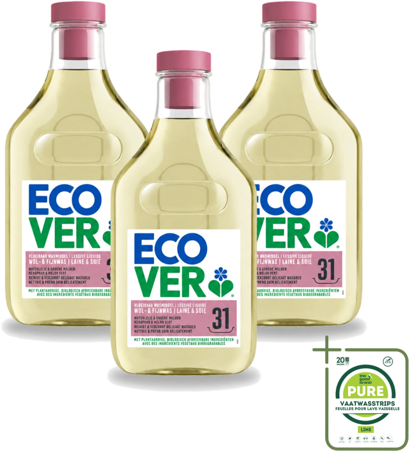 3 x Ecover - Vloeibaar Wasmiddel - Wol & Fijn Was - Waterlelie & Groene Meloen - 31 Wasbeurten - 1.43 L - Grootverpakking - Vaatwasstrips - Wasmiddel Wol En Fijn - Fijne Was - Delicate Stoffen - Milieuvriendelijk Wasmiddel - Plantbased Wasmiddel