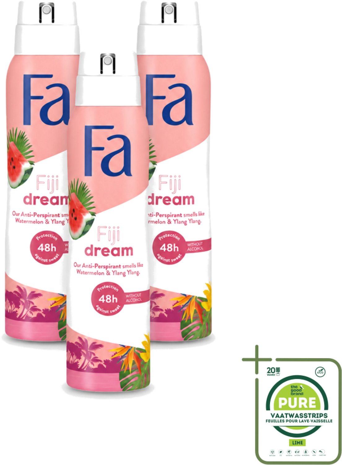 3 x Fa - Deodorant Spray - Fiji Dream - Watermeloen & Ylang Ylang - 48 uur Bescherming - Anti-transpirant - 150 ml - Grootverpakking - Deospray - Anti-transpirant - 48 Uur Bescherming - Watermeloen - Ylang Ylang