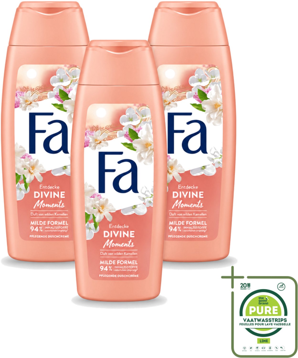 3 x Fa - Douchecrème - Divine Moments - Verzorgen & Voeden - Verfrissend - 250 ml - Grootverpakking - Vaatwasstrips - Douchecrème - Camelia - Verzorging - Voeding - Huid Verzorgen
