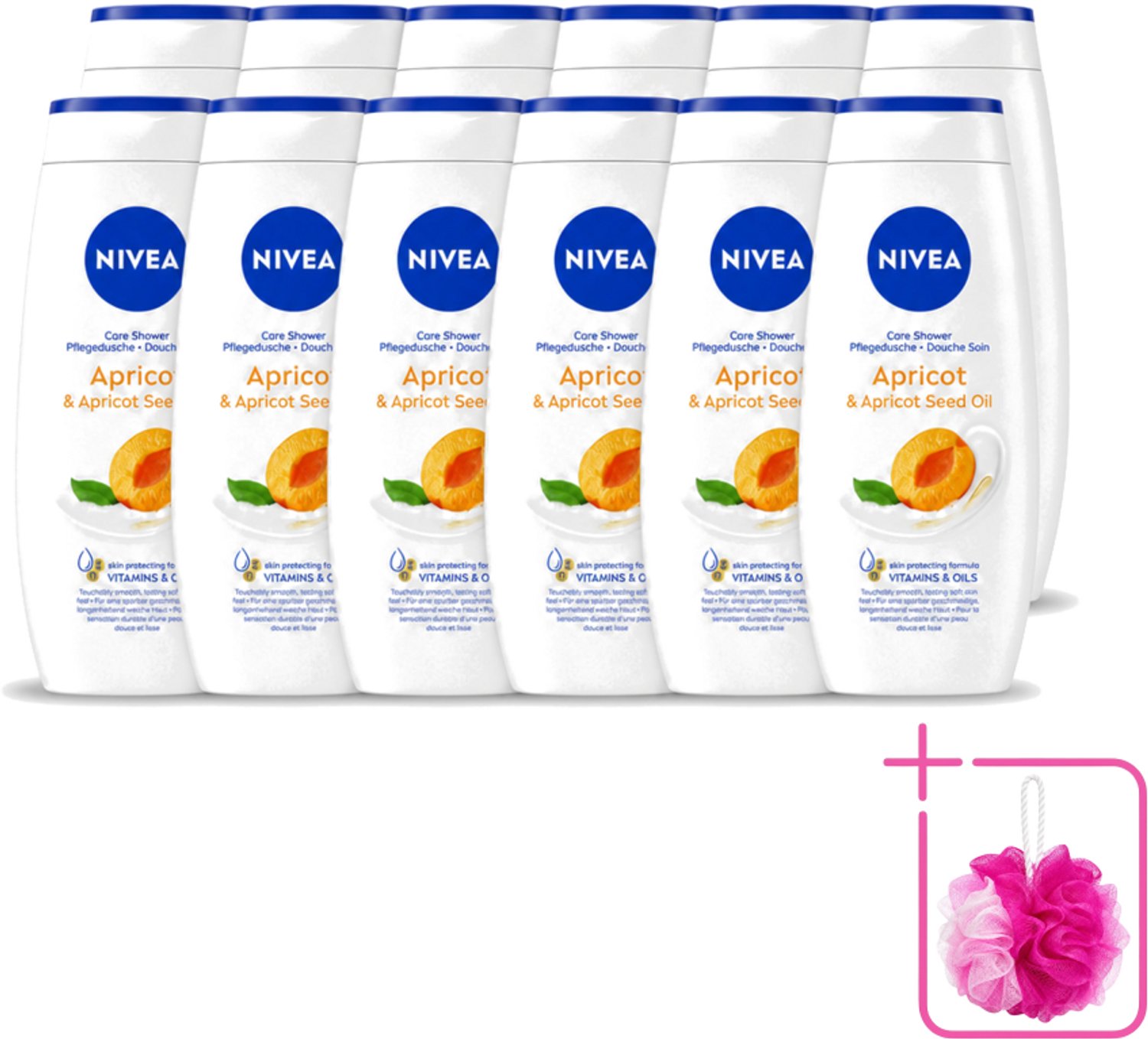 12 x Nivea - Douchegel - Soft Apricot - Huidbeschermend - 250 ml - Bulkverpakking - Douchegel - Douchemop - Huidbeschermend