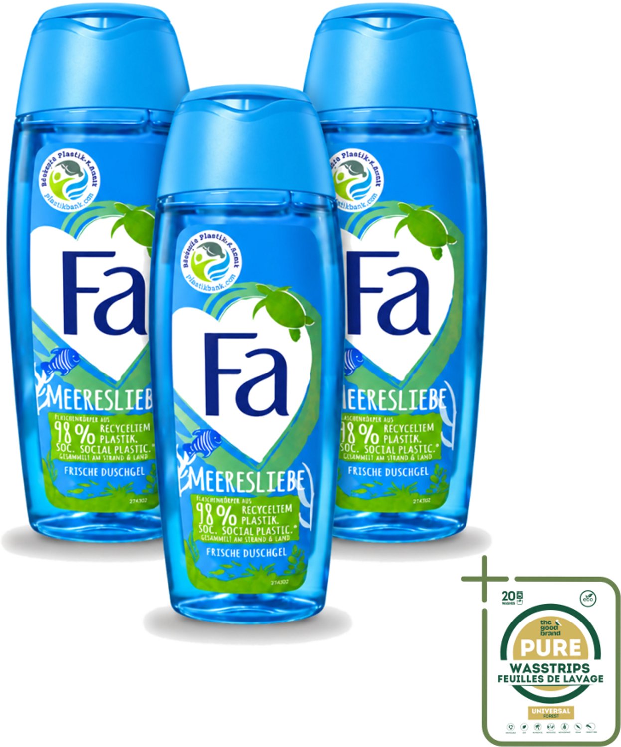 3 x Fa - Douchegel - Zeeliefde Fresh - Verfrissend & Verkwikkend - Verzorgend - 250 ml - Wasstrips - Douchegel - Zeeliefde - Frisheid - Verfrissend - Verzorgend