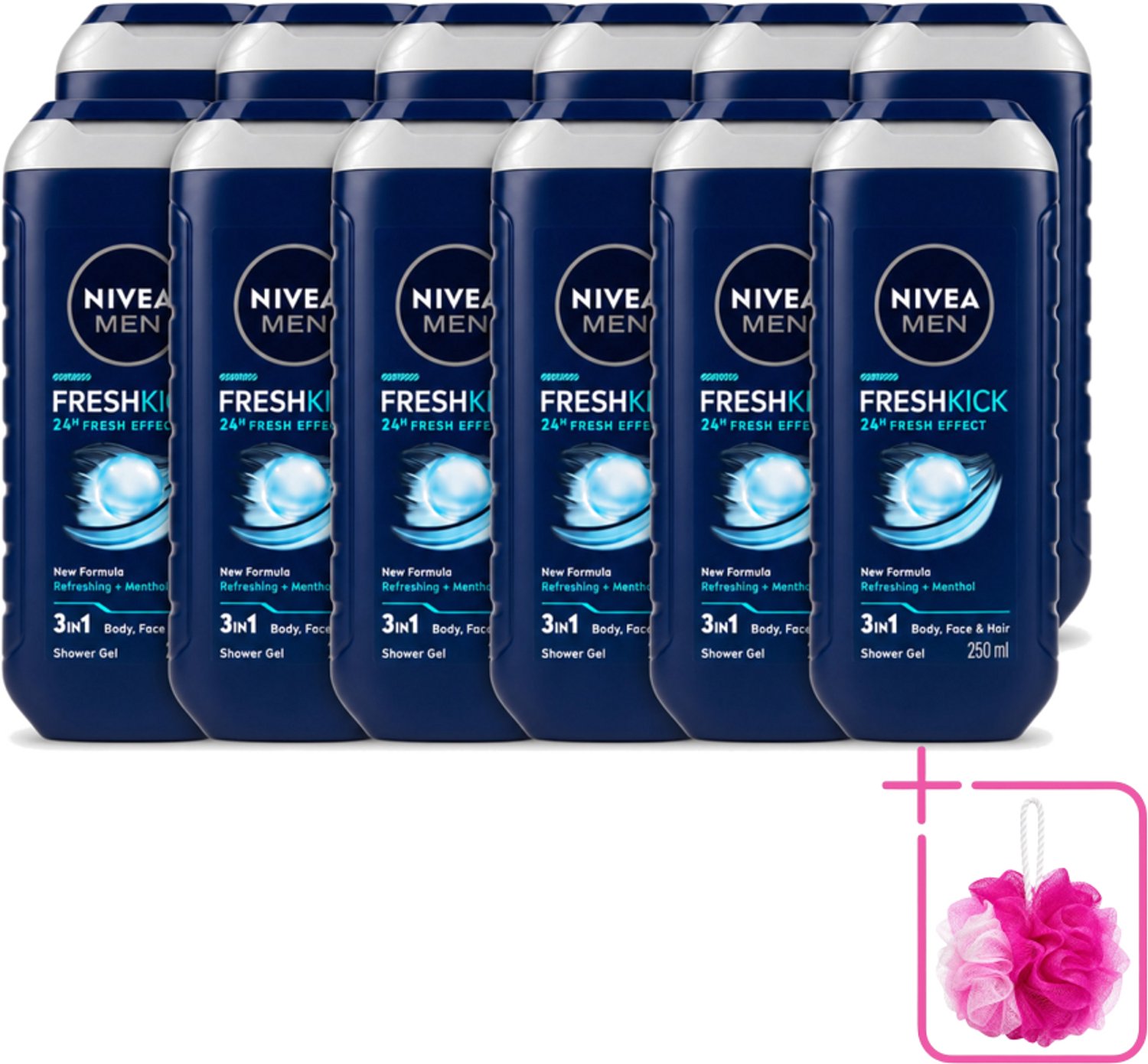 12 x Nivea Men – Douchegel – Fresh Kick – 250 ml - Bulkverpakking - Douchegel - Douchemop - Verfrissend