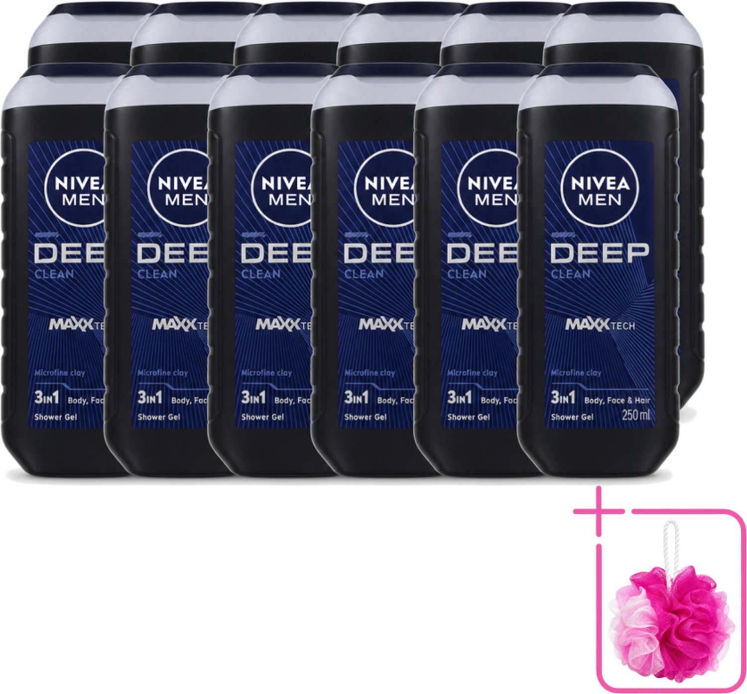 12 x Nivea Men – Douchegel – Deep Clean – 250 ml - Bulkverpakking - Douchegel - Douchemop - Diepe reiniging