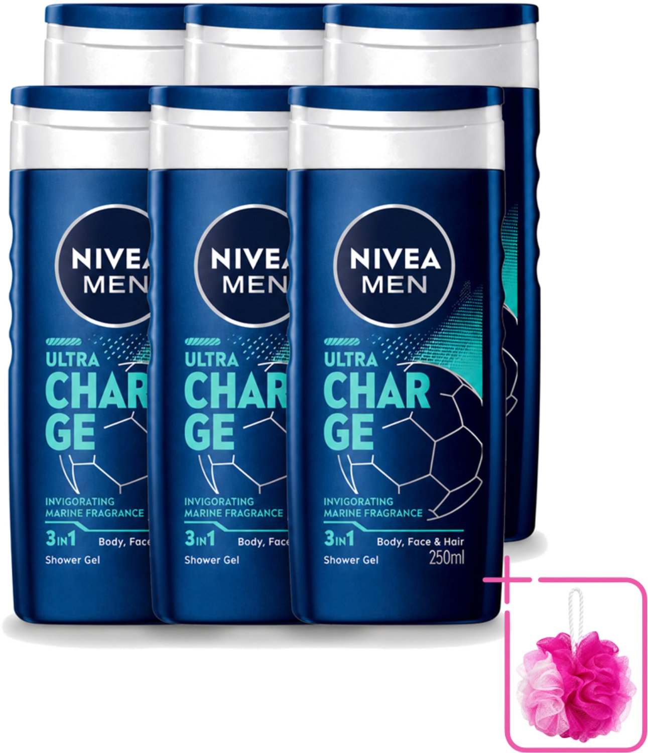 6 x Nivea Men – Douchegel – Ultra Charge – 250 ml - Bulkverpakking - Douchegel voor mannen - Douchemop - Verzorging van huid