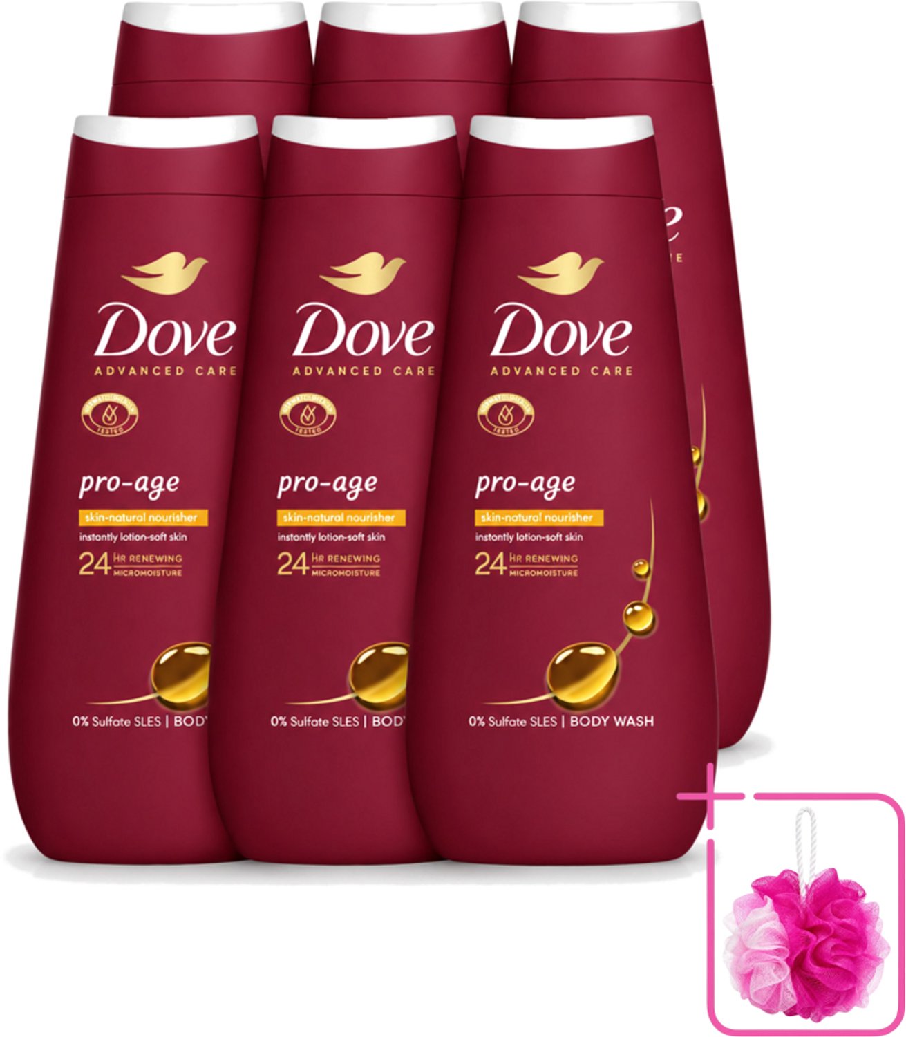 6 x Dove – Douchegel – Pro Age Body Wash – 400 ml - Bulkverpakking - Douchegel voor rijpere huid - Douchemop - Huidverzorging