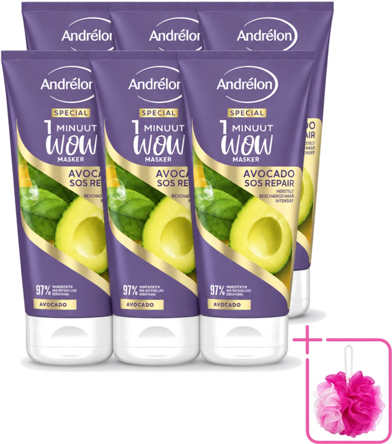 6 x Andrélon - 1 Minuut Wow Haarmasker - Avocado SOS Repair - 180 ml - Bulkverpakking - Haarmasker - Douchemop - Haarherstel
