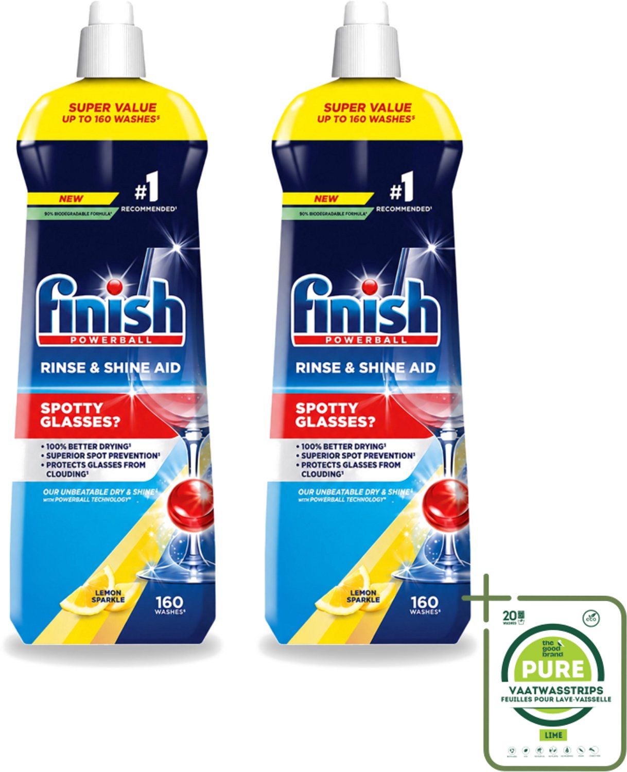2 x Finish - Powerball - Vaatwasreiniger - Glansspoelmiddel - Perfecte Droging - Citroen - 160 Wasbeurten - Grootverpakking - Vaatwasstrips - Glansspoelmiddel - Snel Drogen - Vlekken Voorkomen - Kalkaanslag - Glans