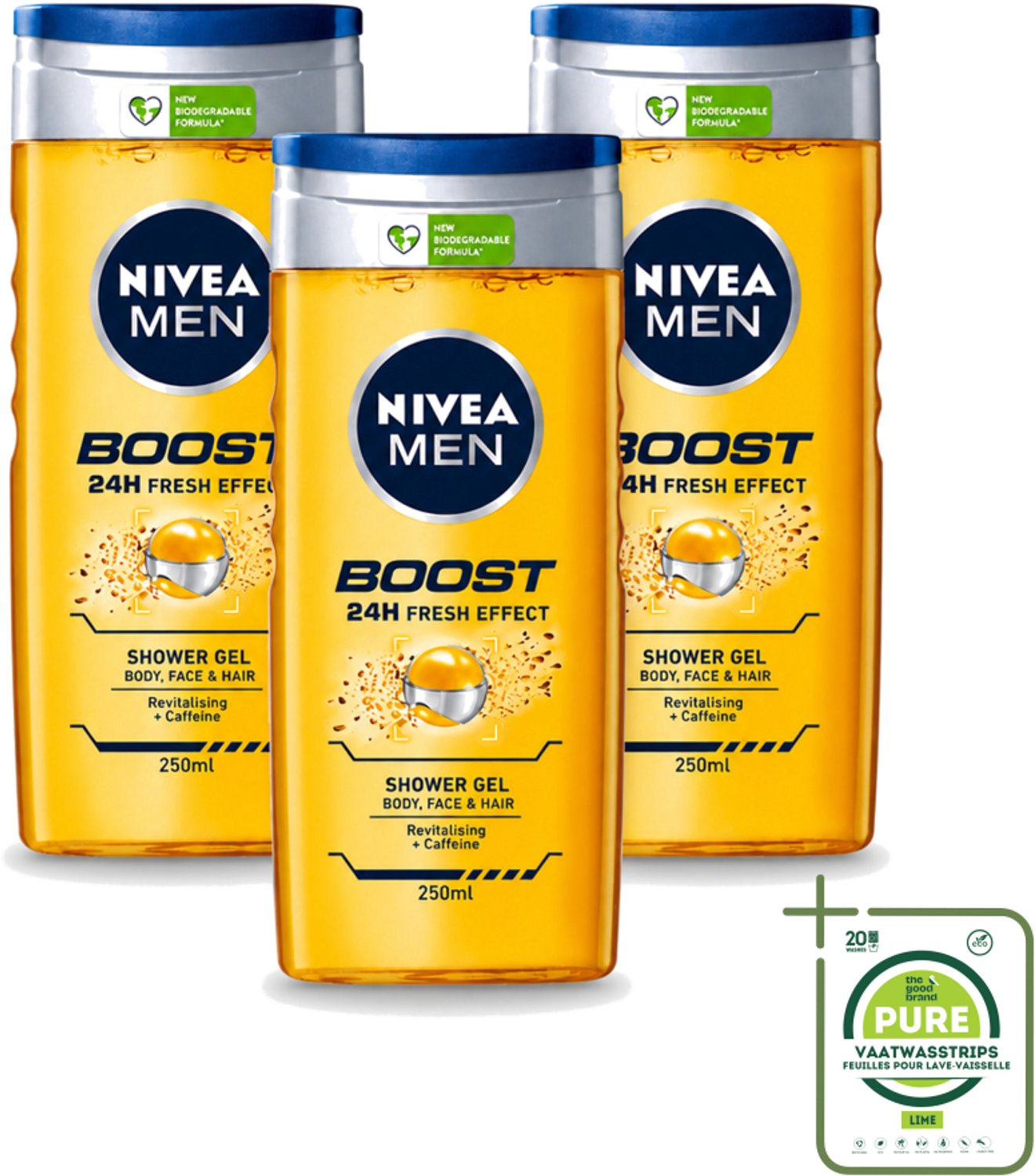 3 x Nivea - Men - Boost Douchegel - 24 Uur Lang Effect - 250 ml - Grootverpakking - Vaatwasstrips - Douchegel - Cafeïne - Fris Effect - Energieboost - Huidverzorging