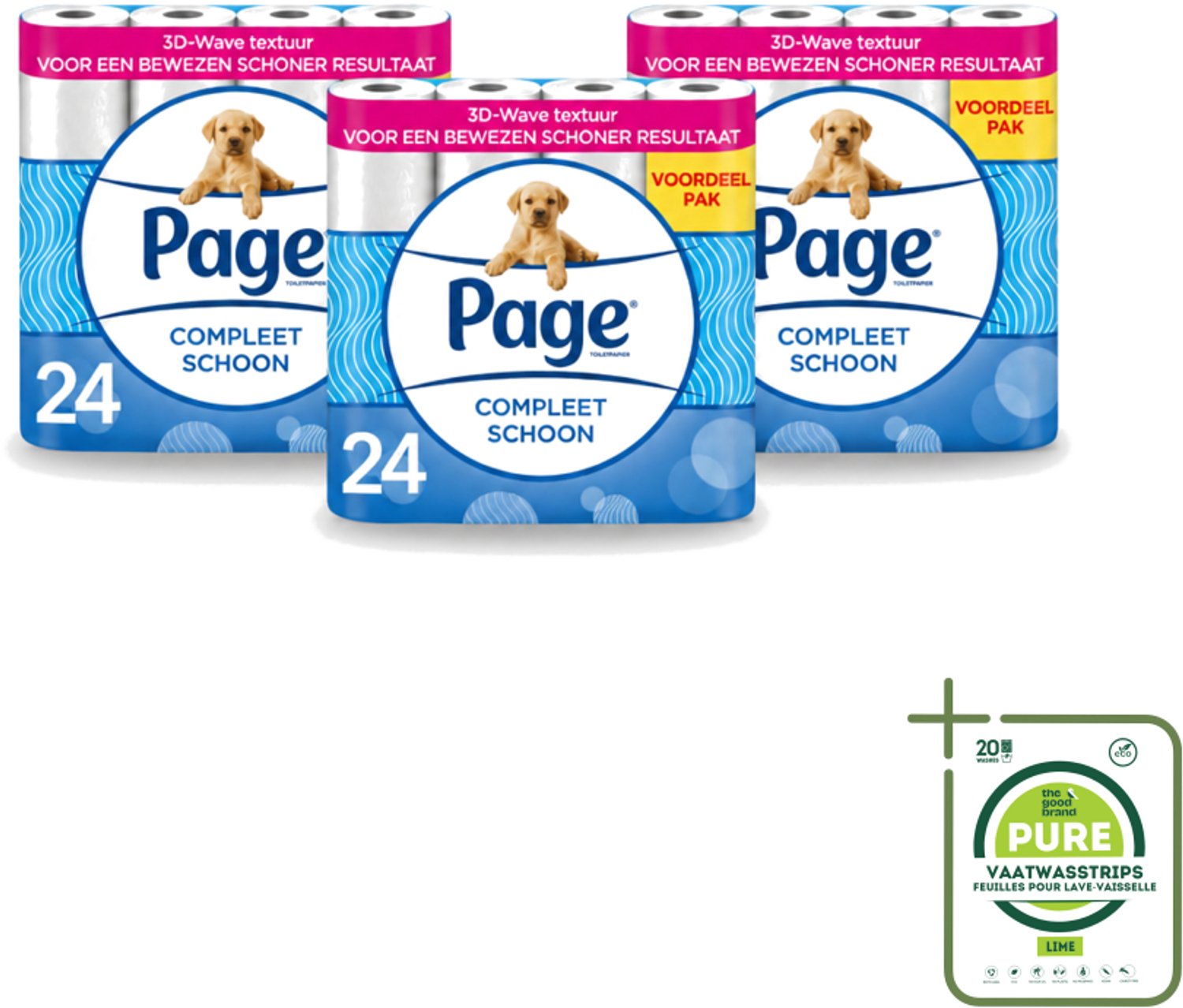 3 x Page - Compleet Schoon - Toiletpapier - 2-Laags - Comfortabel & Zacht - 24 Rollen - Grootverpakking - Vaatwasstrips - Toiletpapier - 2-laags Toiletpapier - 3D Wave™ - Katoen - Hygiëne