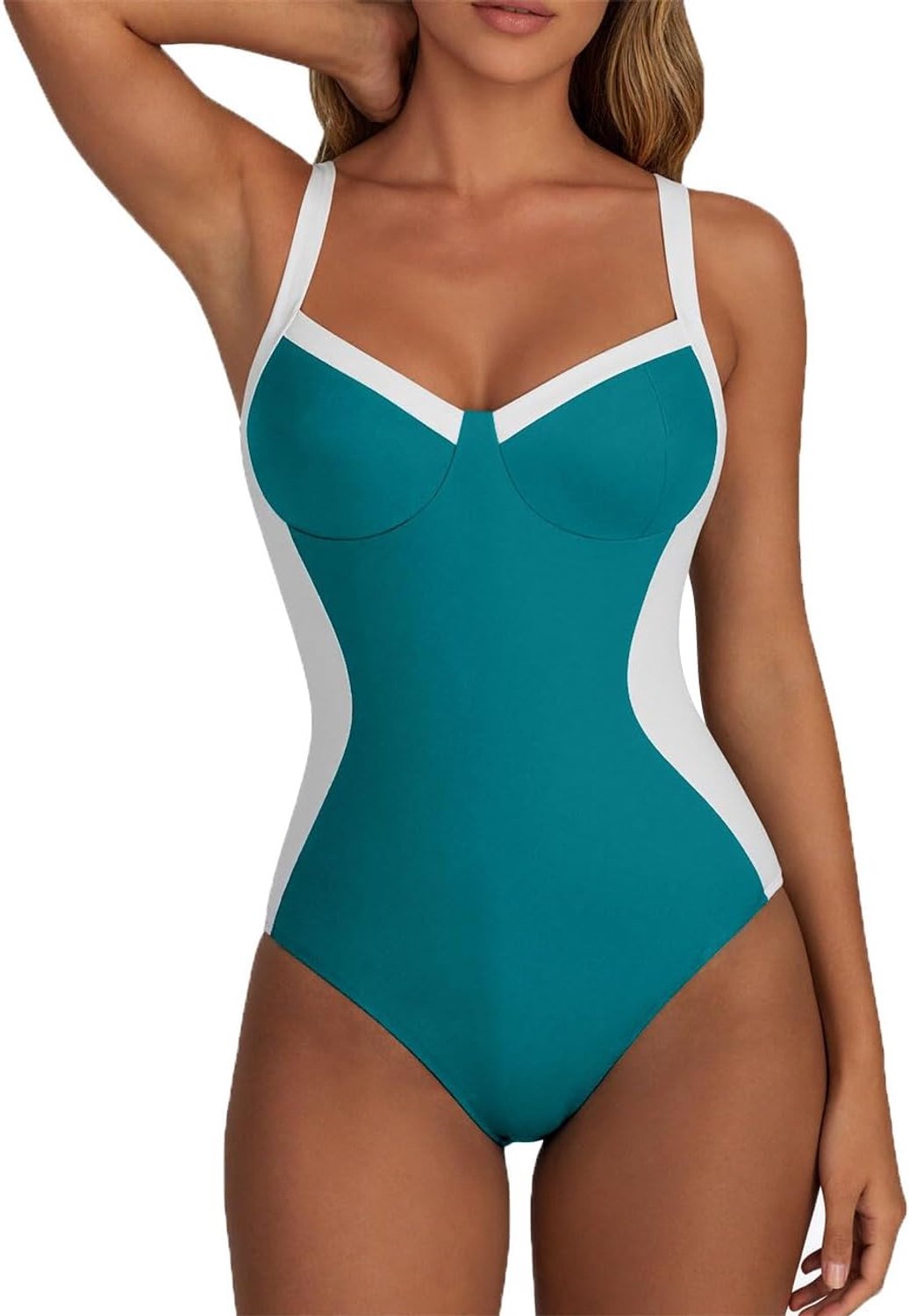 Badpak voor dames met smalle pasvorm, eendelig, curvend, elegant, push-up-beha, gevoerd, zee, zwembad, strandkleding, kleurblok, eendelig, zwemkleding