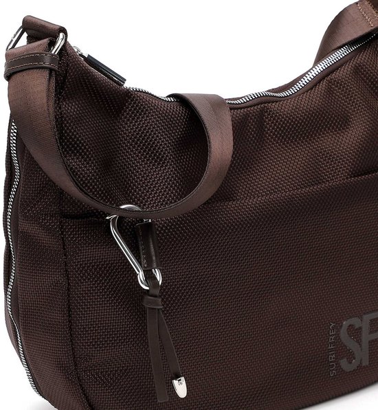 Bruine Suri Frey tas met ritssluiting en logo. Karabijnhaakdetail met leren franjes.